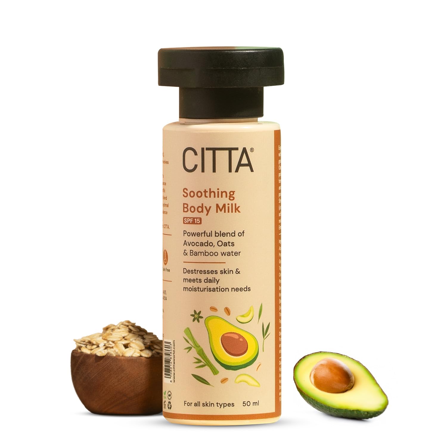 CITTA Soothing Body Lotion with SPF 15 – Lightweight & Non-Greasy – Fast-Absorbing Body Milk for Dry Skin – With Avocado, Oats & Bamboo Water – Deep Moisturization for Men & Women – 50 ml CITTA