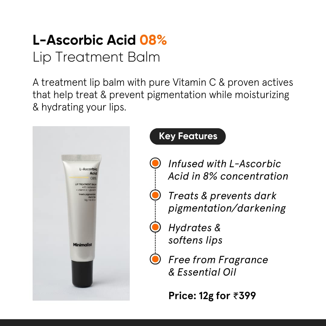 Minimalist 8% L-Ascorbic Acid Lip Treatment Balm with Vitamin E, Radianskin & Glycerine for Pigmented & Dark Lips | For Women & Men | 12 gm Minimalist