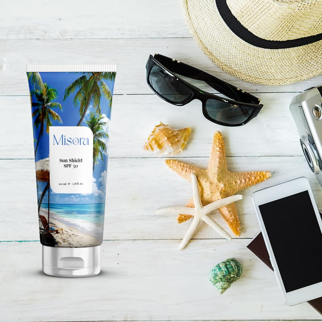 Misora Sun Shield SPF 50 UVA/UVB Protection | Hydrating & Elasticity-Boosting Formula | Shields Skin from Sun Damage & Maintains Youthful Glow | Anti-Aging, Moisturizing Sun Protection Lotion | 100ml MISORA