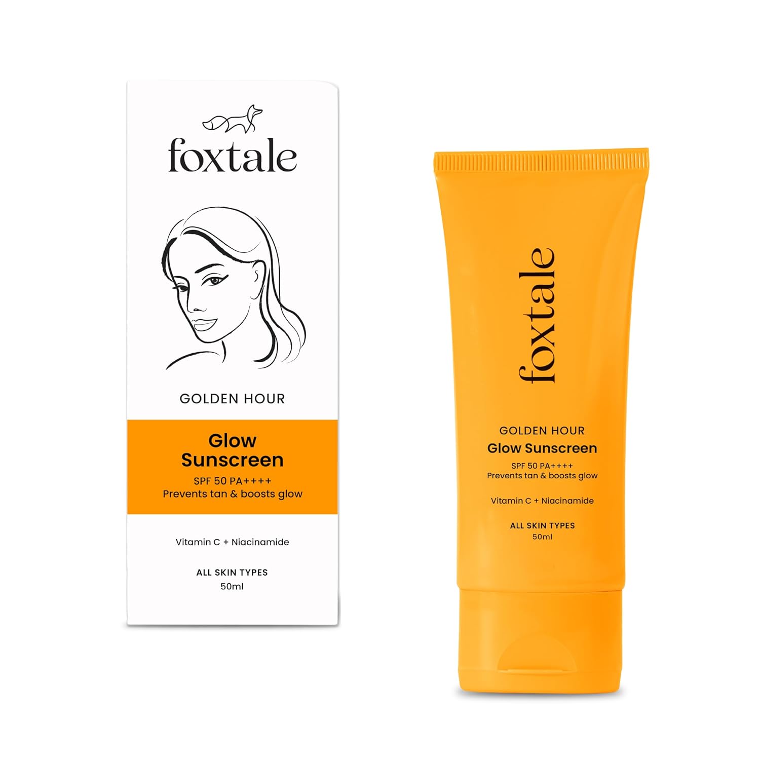 Foxtale SPF 50 Vitamin C Glow Sunscreen with PA++++ & Niacinamide | Lightweight | Fast Absorbing | UVA and UVB Filters | Prevents Tanning | No White Cast | Non-Greasy | For Men & Women | All Skin Types | 50 Ml FOXTALE