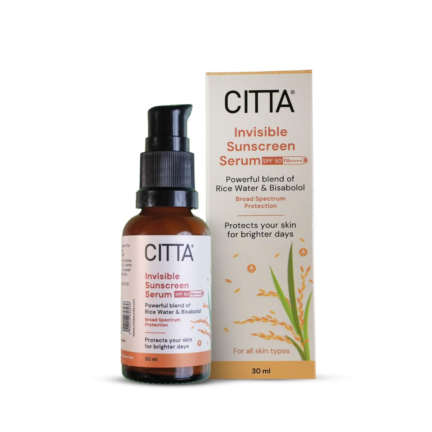 CITTA Invisible Serum Sunscreen SPF 50 PA++++ – Lightweight, Hydrating Fluid Sunscreen with Rice Water – No White Cast – Broad Spectrum Protection for Oily, Dry, Combination & Acne-Prone Skin – For Men & Women – 30ml CITTA