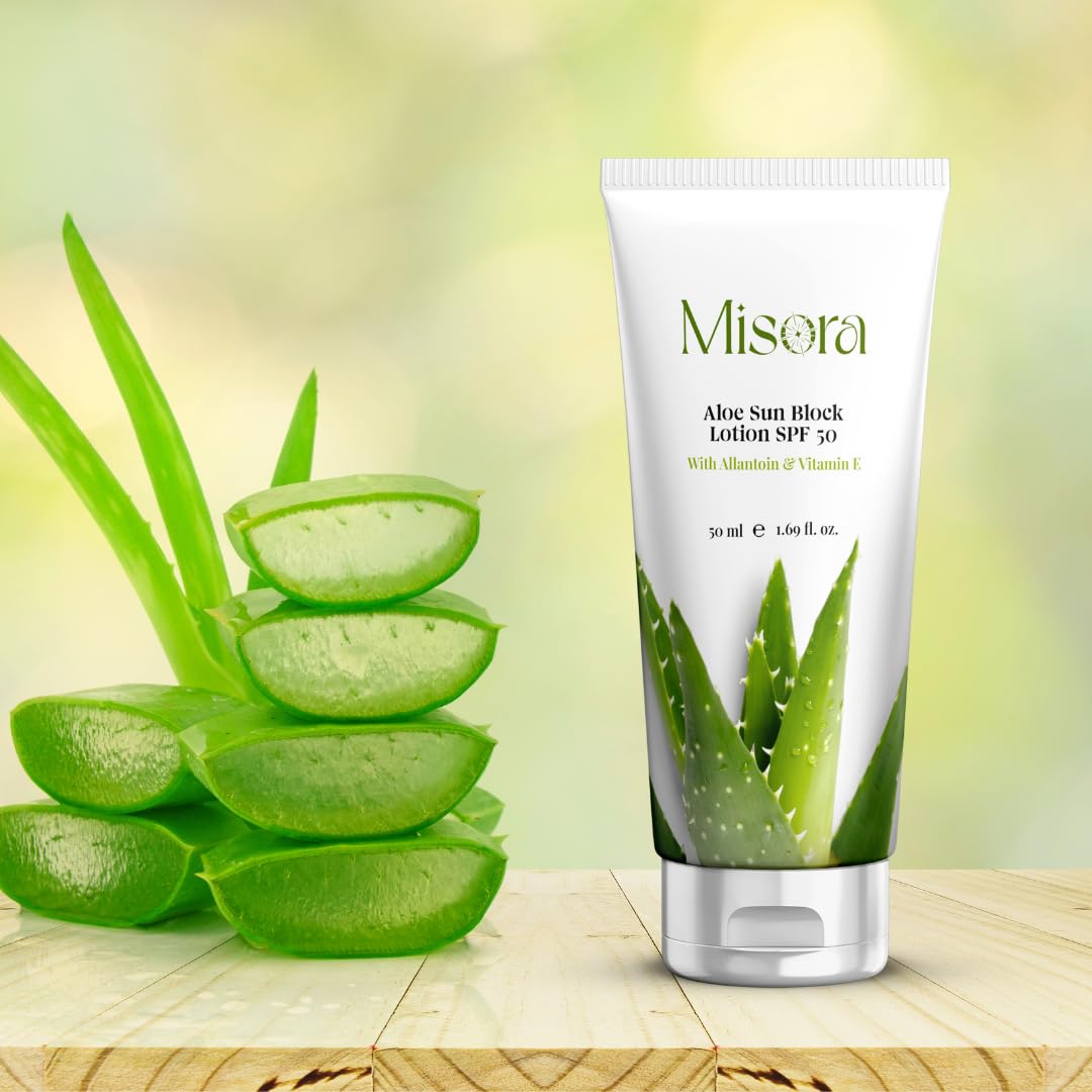 Misora Aloe Sun Block Lotion SPF 50 With Aloevera | Broad-Spectrum UVA/UVB Protection | Hydrating & Lightweight, Non-Greasy | Water-Resistant, Sweat-Proof | Ideal for Sensitive Skin | 50ml MISORA