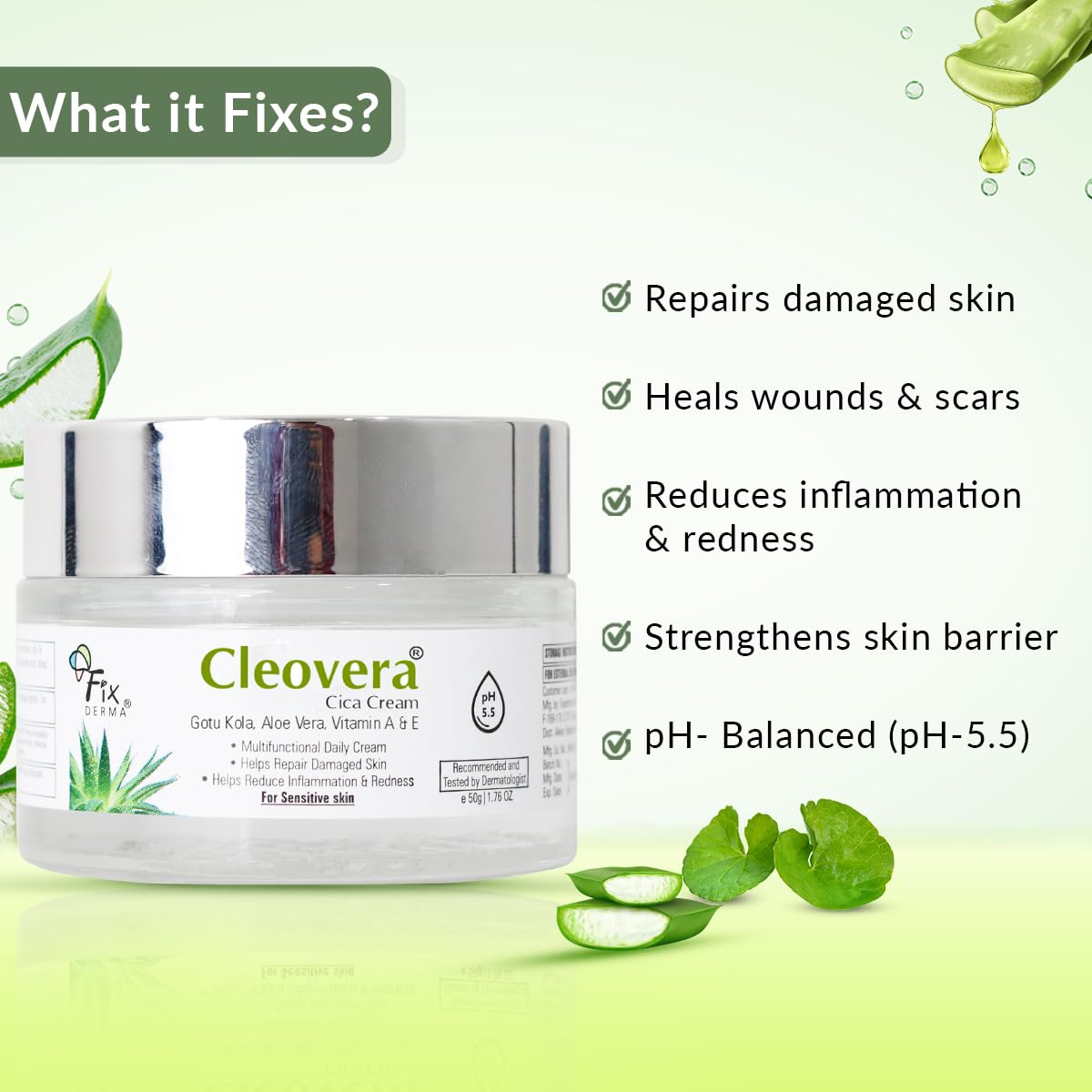 Fixderma Cleovera Cica Cream for Face with Gotu Kola, Aloevera, Vitamin A & E | Damage Skin Repair Face Cream | Suitable for Sensitive, Dry & Damaged Skin - 50g FIX DERMA