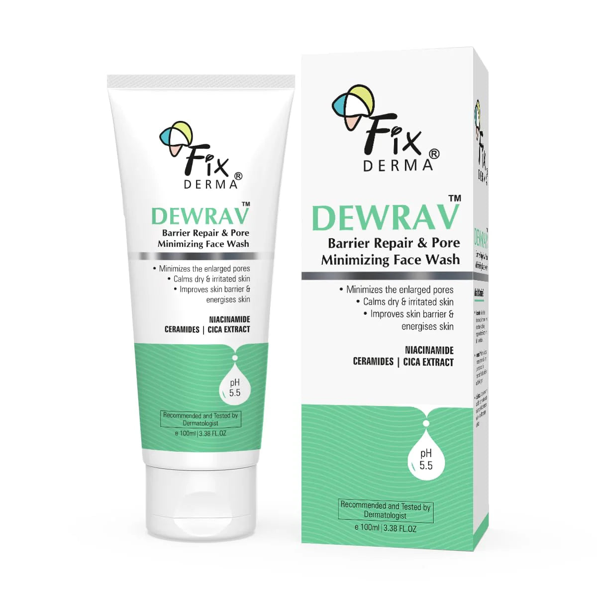 Fixderma Dewrav Barrier Repair & Pore Minimizing with 2% Niacinamide Face Wash | Cica Extract & Ceramide Improves Skin Barrier & Soothes Irritated Skin | For Normal, Dry & Sensitive Skin | 100Ml FIX DERMA