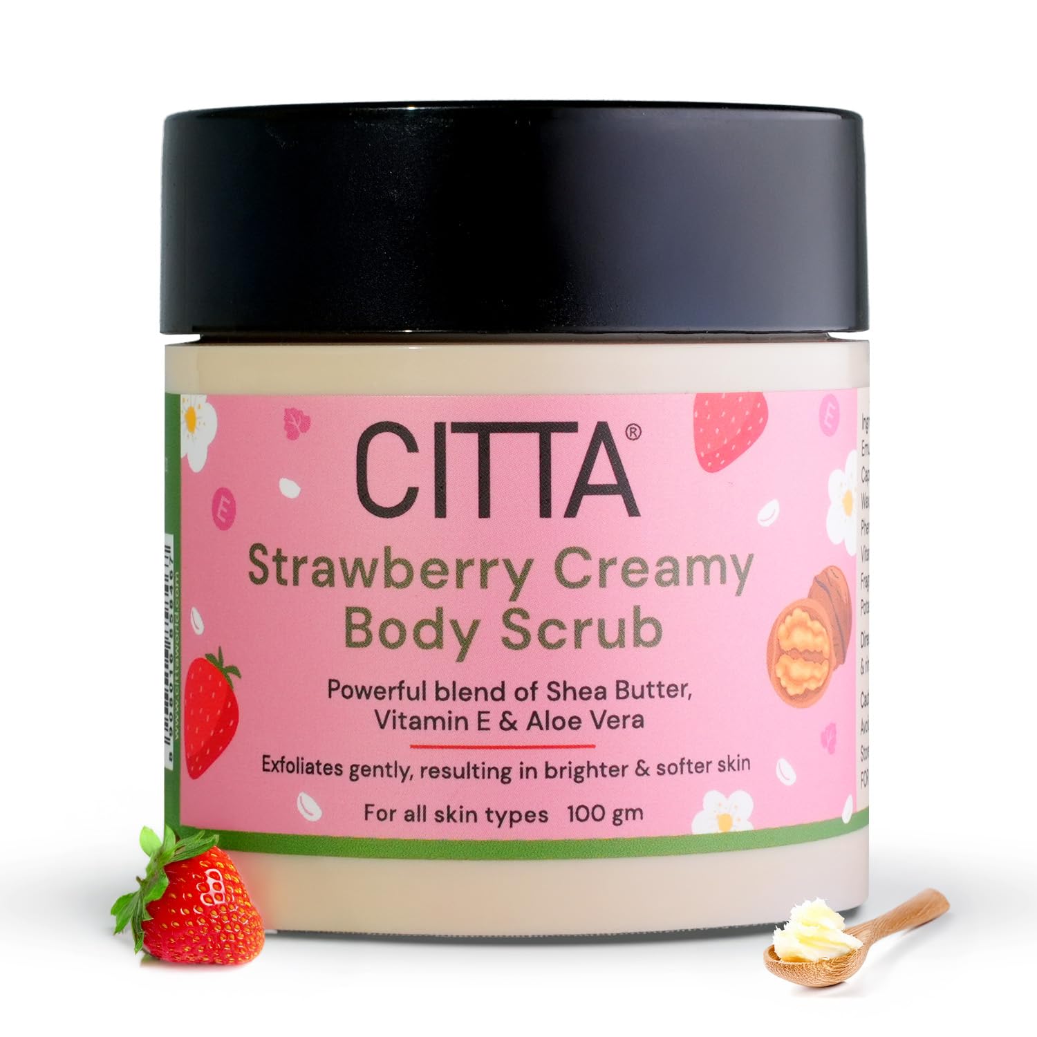 CITTA Strawberry Creamy Body Scrub 100g | Dual Exfoliating Body Polish with Walnut Shell & Natural AHAs | Removes Tan & Dead Skin, Brightens & Hydrates for Silky Smooth Skin | De-Tan Scrub for Neck, Knees, Elbows & Thighs | All Skin Types CITTA