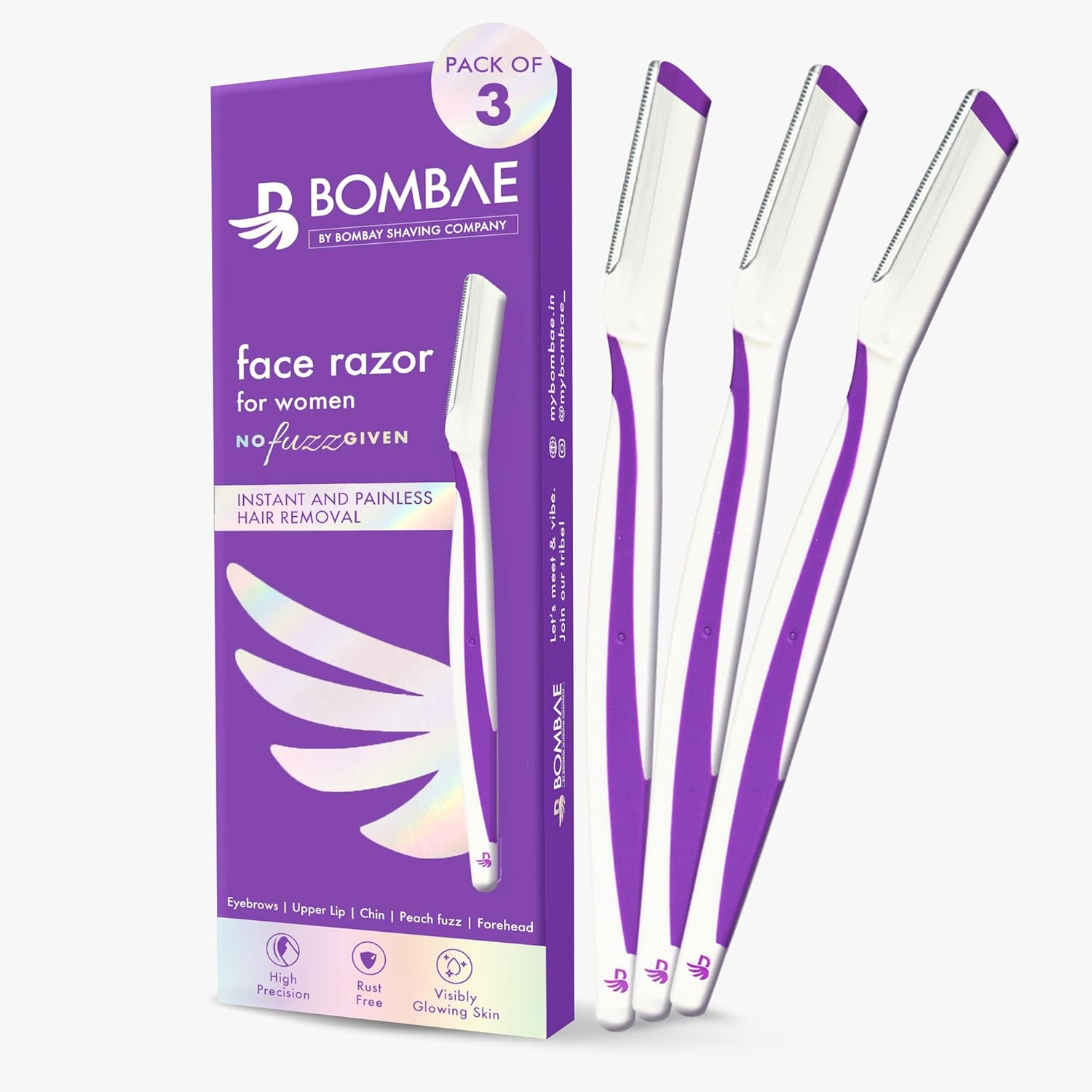 Bombae Reusable Face Razor For Women Facial Hair - 3 | Instant Glow & Painless Hair Removal | For Eyebrows, Upper Lip, Chin, Peach Fuzz, Forehead, Unibrow, Sideburns BOMBAE