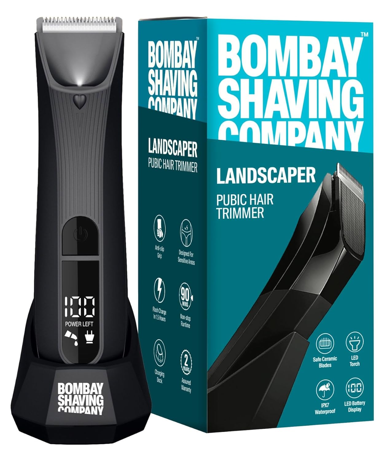 Bombay Shaving Company Balls Trimmer For Men | Pubic Hair Trimmer and Body Groomer for Men | Private Part Trimmer For Men, Waterproof (IPX7), Cordless, LED Display, LED Torch, Safe Ceramic Blades, Dock Charging | LANDSCAPER 2.0 (Black) Beauty Bumble