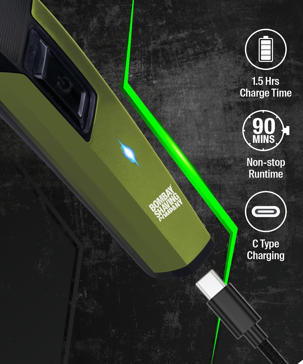 Bombay Shaving Company Power Play NXT Trimmer, 9 Weeks of trimming, 90 mins run time with Type C, 6 comb attachments, Self-sharpening blades | Trimmer for Men || Green Beauty Bumble