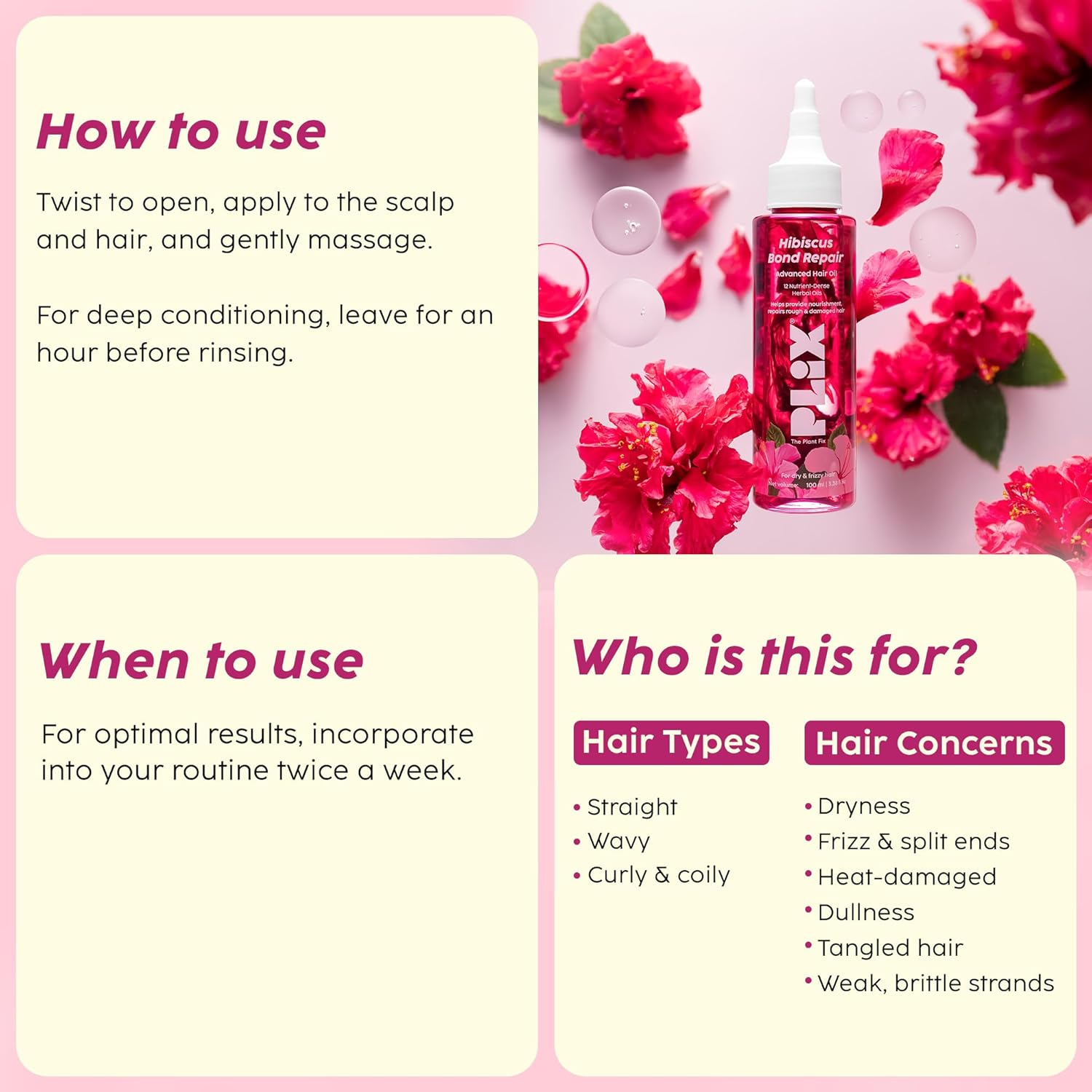 PLIX - THE PLANT FIX Hibiscus Bond Repair Advanced Hair Oil for Damaged Hair - 100ml | Repairs Damaged Hair Due To Heat Styling | Restores Strength & Reduces Breakage PLIX