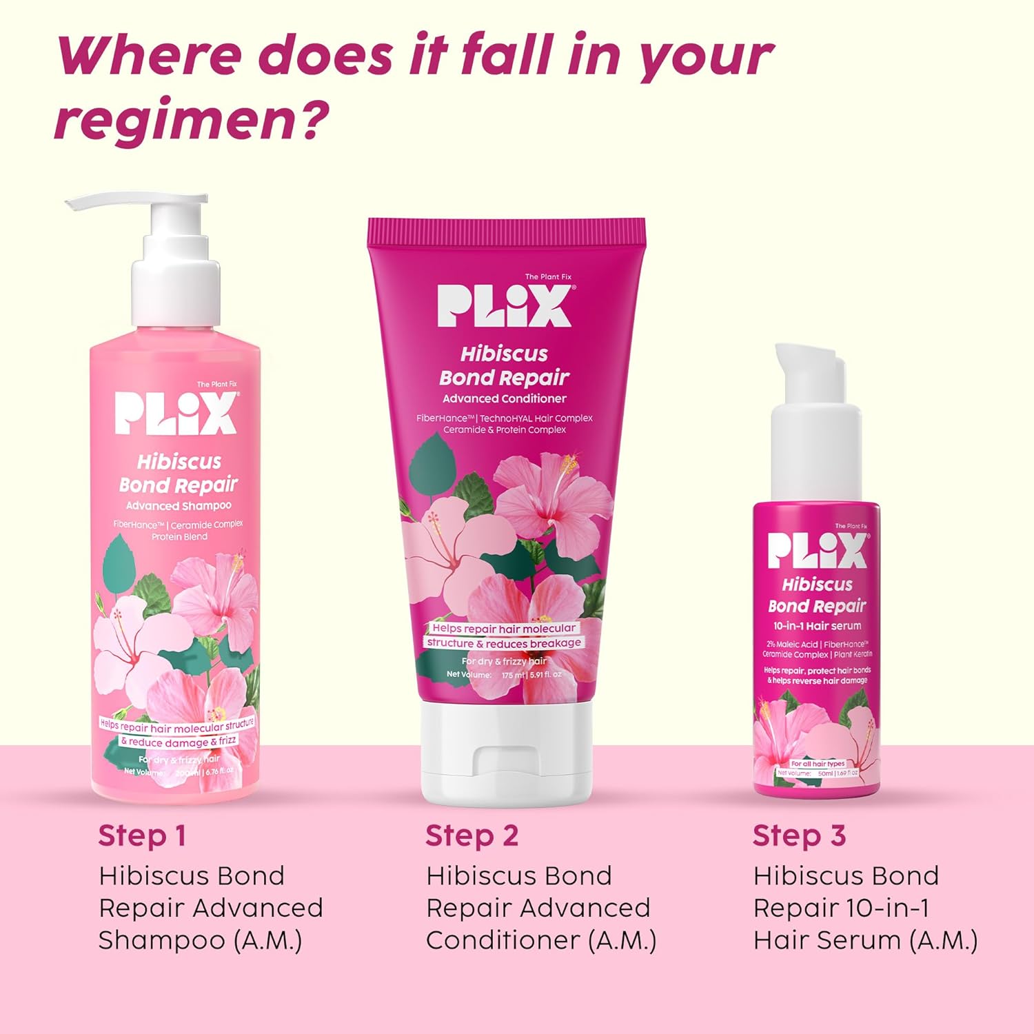 PLIX - THE PLANT FIX Hibiscus Bond Repair Advanced Shampoo for Damaged, Frizzy Hair - 200ml | Repair Hair Molecular Structure | FiberHance & Hibiscus Extract | Men & Women PLIX