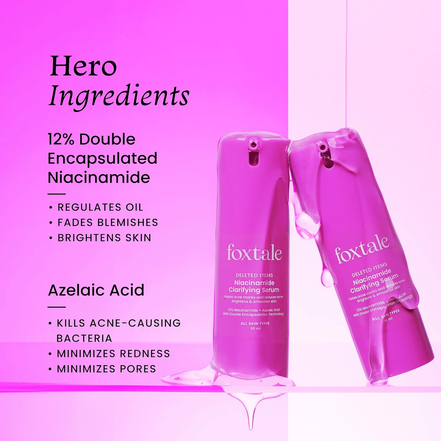 Foxtale 12% Niacinamide Face Serum with Azelaic Acid for Oil Control & Brightening | Reduces Acne, Blemishes & Acne Marks | Brightens & Smoothens Skin | Face Serum for Women & Men | 30 ml FOXTALE