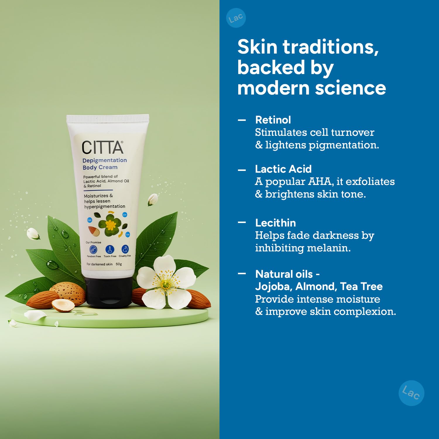 CITTA Depigmentation Body Cream with Retinol, Lactic Acid & Almond Oil – Reduces Tan, Pigmentation & Evens Skin Tone – Treats Dark Patches on Elbows, Knees, Neck & Thighs – For Men & Women – 50g CITTA