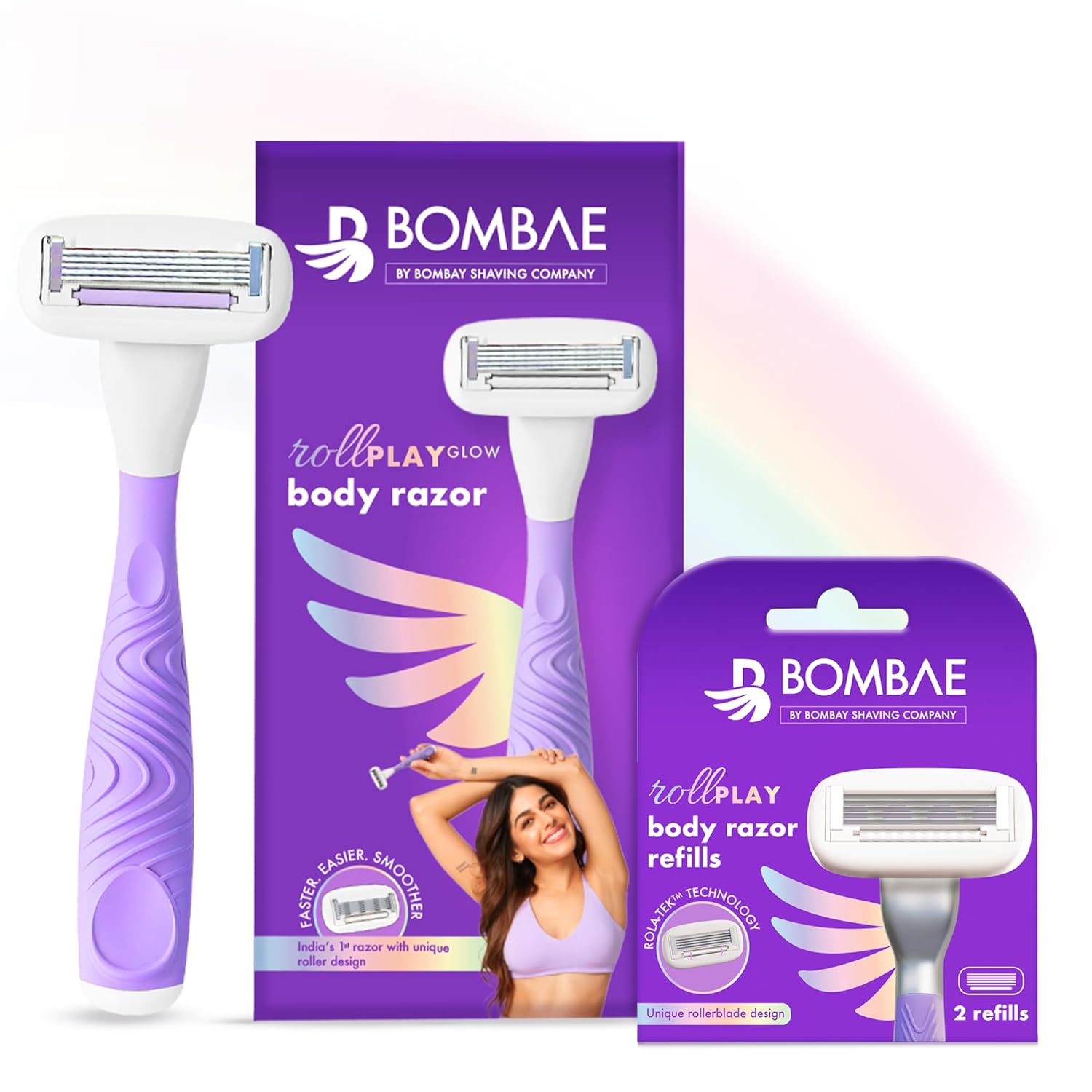 Bombae Rollplay Glow Sensitive Body Razor For Women-2X Smoother Bikini & Underarm Hair Removal Razor (1Pc) BOMBAE