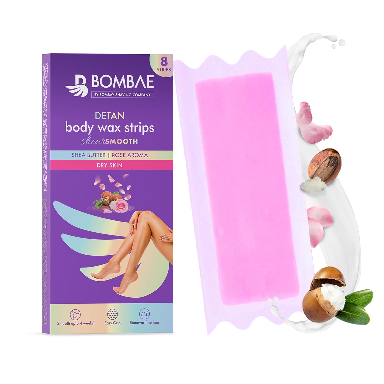 Bombae Full Body Wax Strips with Shea Butter for Women (8+2 Strips)| Full Body Cold Wax Strips for Arms, Underarms, Legs | Post-wax Wipes for mess-free, Smooth skin BOMBAE