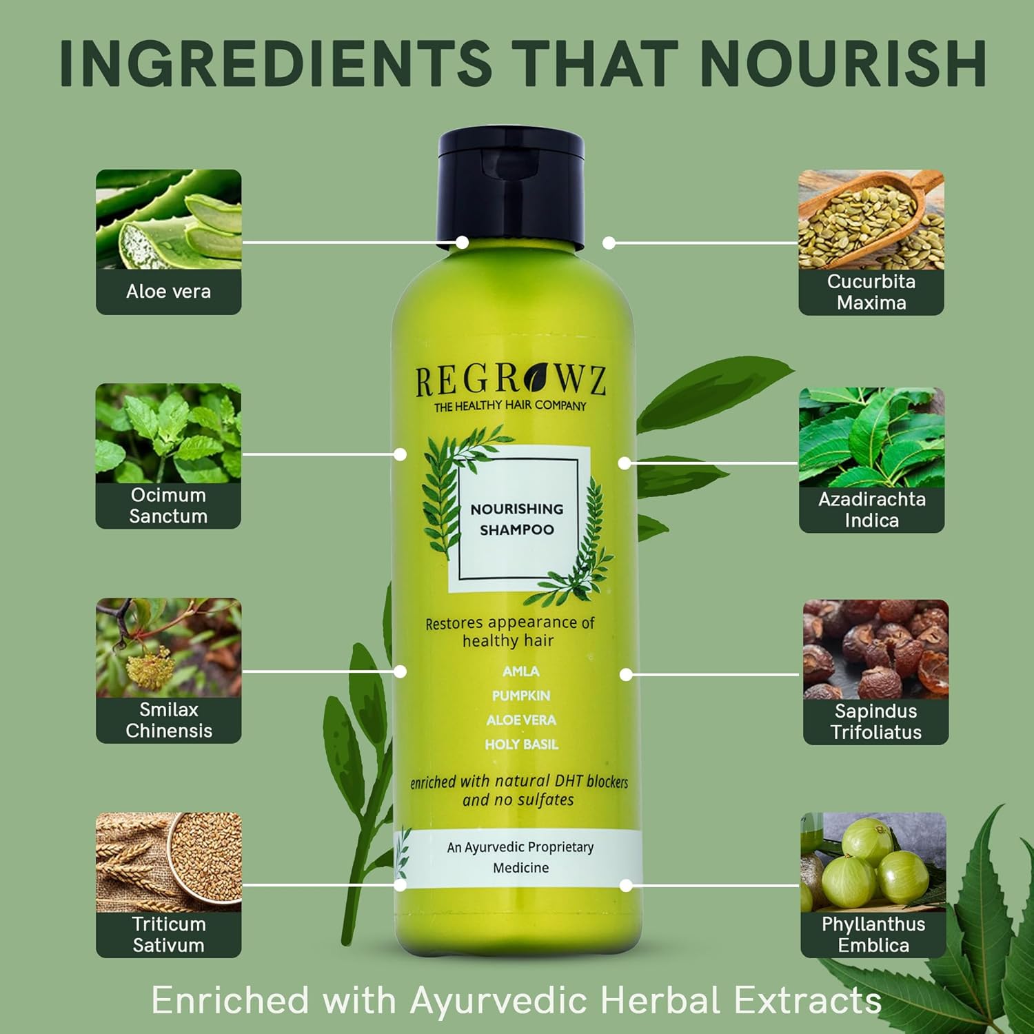 Regrowz Nourishing Ayurvedic Shampoo For Men & Women - 225ml With Amla, Aloe Vera, Coconut Oil, Biotin & Natural DHT Blockers, Plant-Based, Sulphate-Free, Paraben-Free, Gentle Daily Hair Cleanser Beauty Bumble