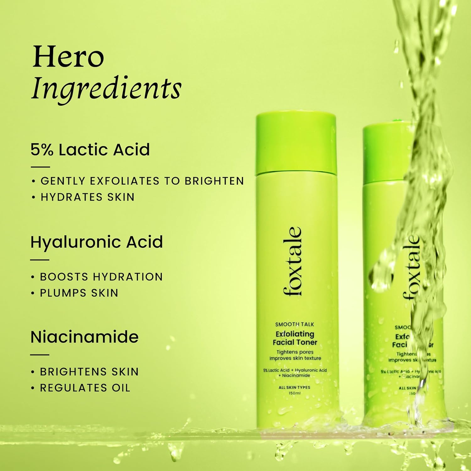 Foxtale Exfoliating Face Toner with 5% Lactic Acid for Pore Tightening & Gentle Exfoliation, Alcohol Free Toner for Glowing Skin, For All Skin Types, Men & Women, 150 ml FOXTALE