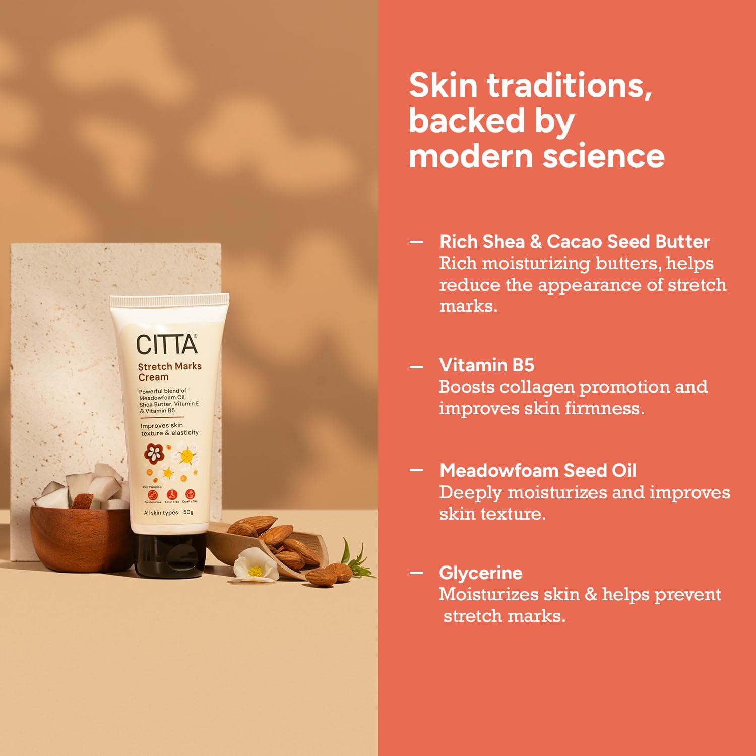 CITTA Stretch Marks Removal Cream – Best Cream for New & Old Marks – Repairs Skin & Scar Tissue – Deeply Moisturizes with Vitamin E & Meadowfoam Oil – For Women & Men – All Skin Types – 50g CITTA