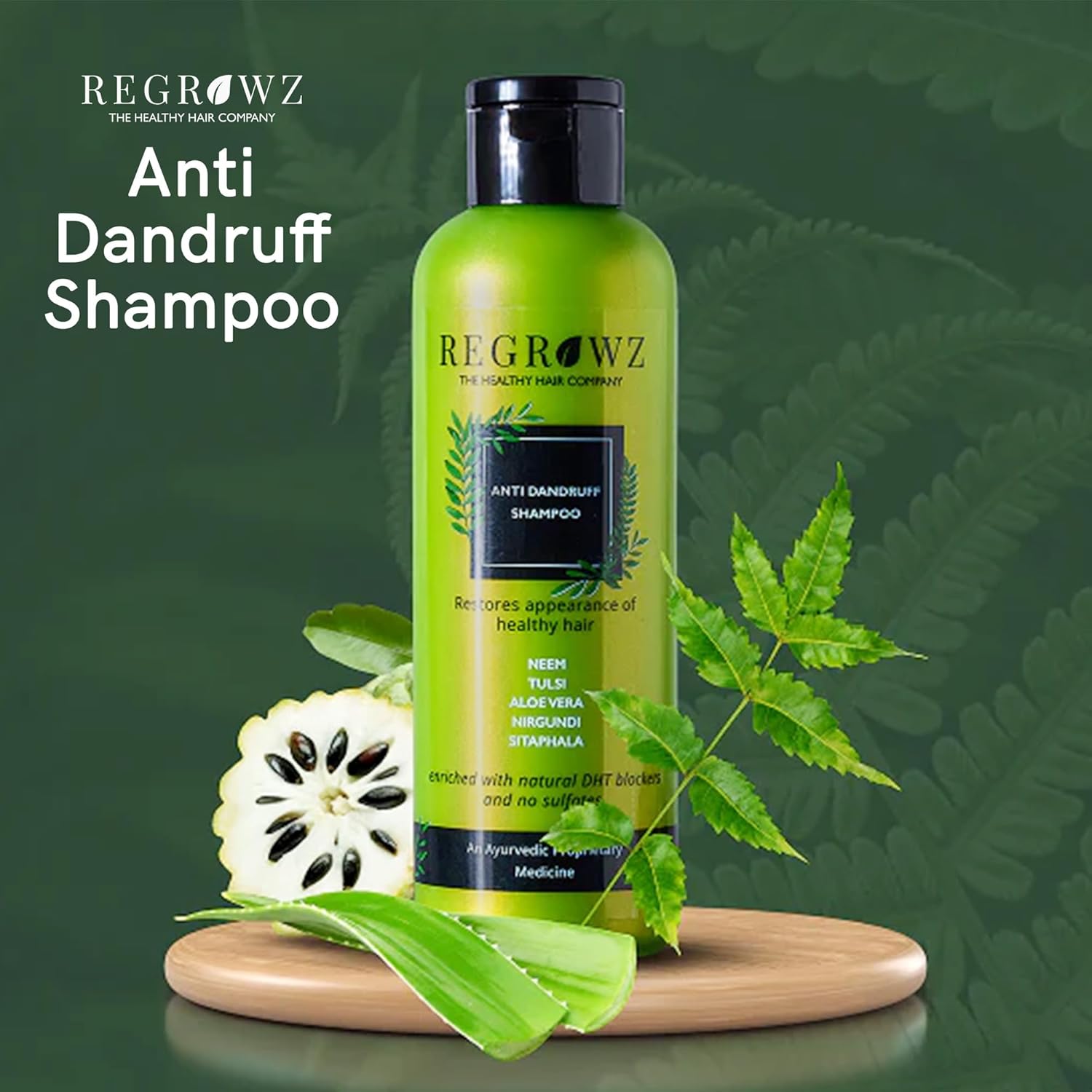 Regrowz Anti Dandruff Shampoo - 225ml, Ayurvedic Hair Cleanser With Neem, Tulsi, Aloe Vera & Natural DHT Blockers - Helps With Flakes, Soothe Itchy Scalp, Oil & Dryness - Sulfate Free, Paraben Free Beauty Bumble