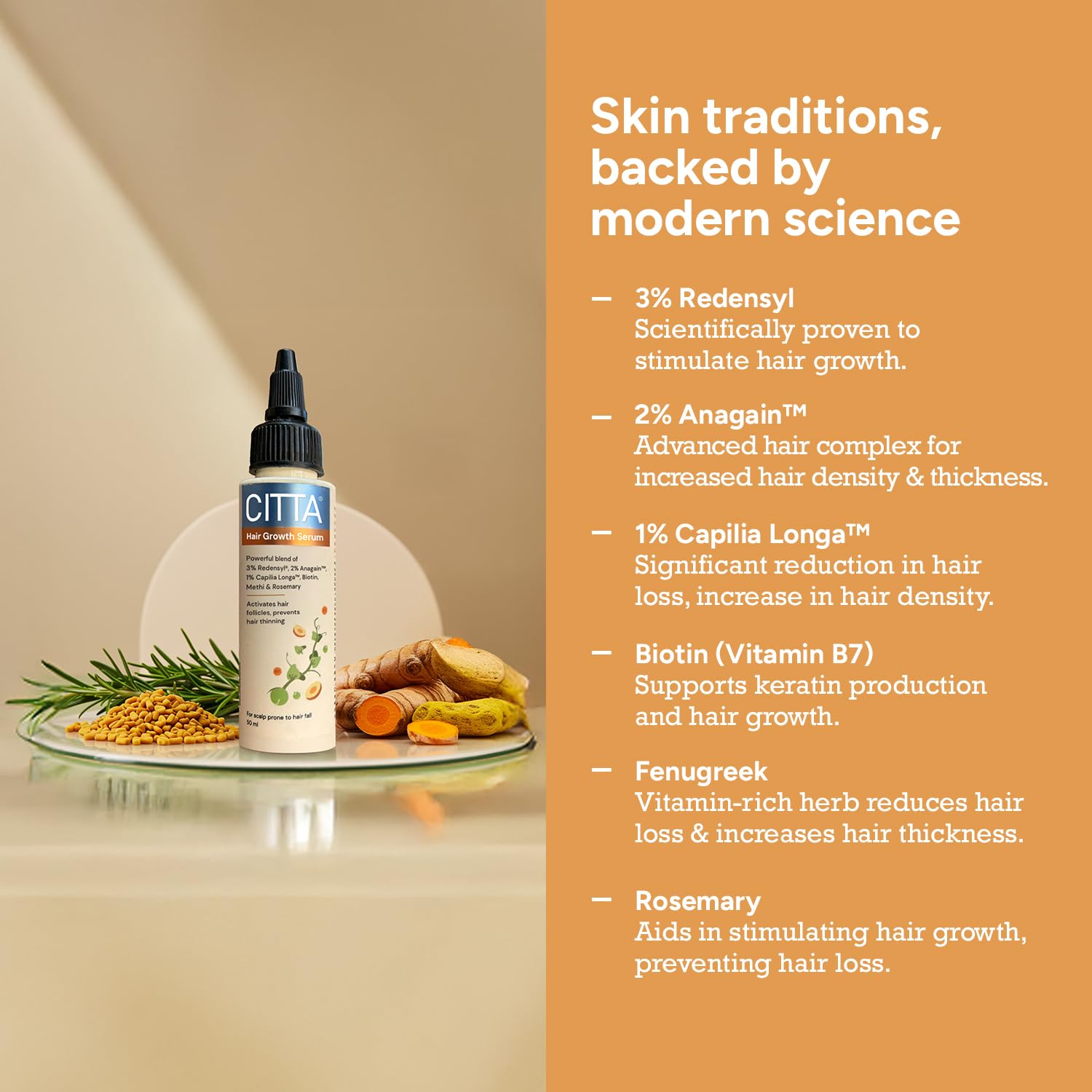 CITTA Hair Growth Serum – Redensyl 3%, Anagain 2%, Capilia Longa 1% with Biotin, Rosemary & Methi – Reduces Hair Fall & Thinning, Promotes Regrowth, Heals Scalp – Dermatologist Tested – 50ml CITTA