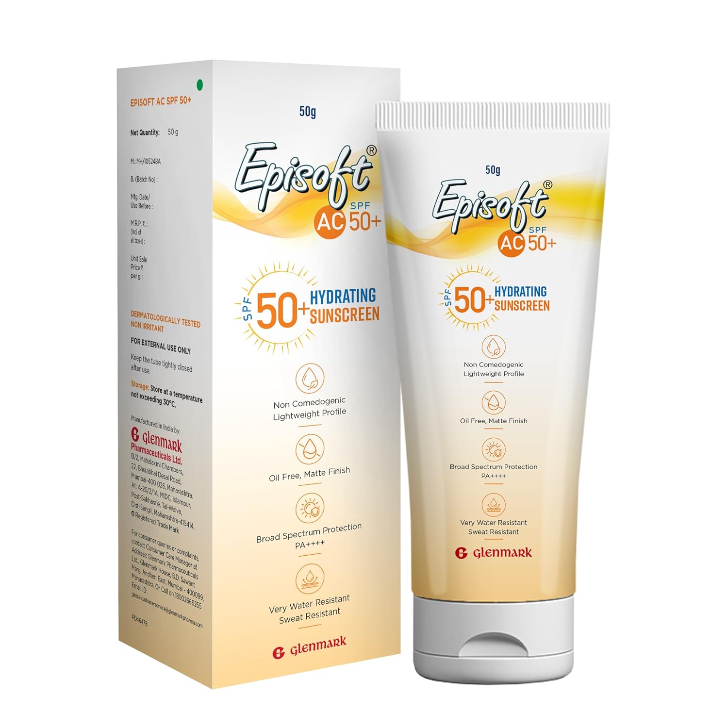 Episoft AC SPF 50 + sunscreen | Maximum Hydration | Protection against both UV-A/UV-B, Water and Sweat Resistance | Lightweight | With anti-aging benefits | For all Skin Types | No white cast | 50 G Episoft