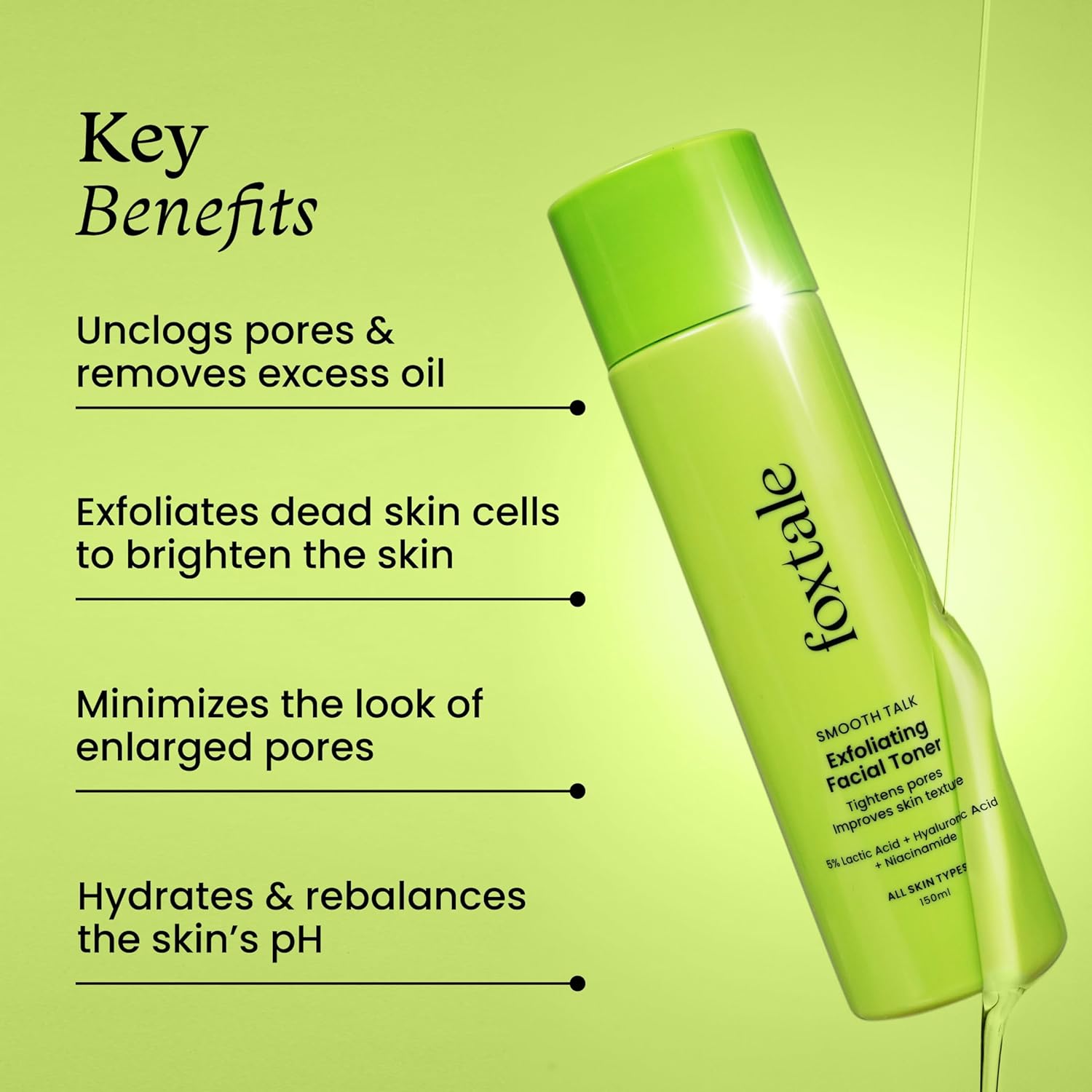 Foxtale Exfoliating Face Toner with 5% Lactic Acid for Pore Tightening & Gentle Exfoliation, Alcohol Free Toner for Glowing Skin, For All Skin Types, Men & Women, 150 ml FOXTALE