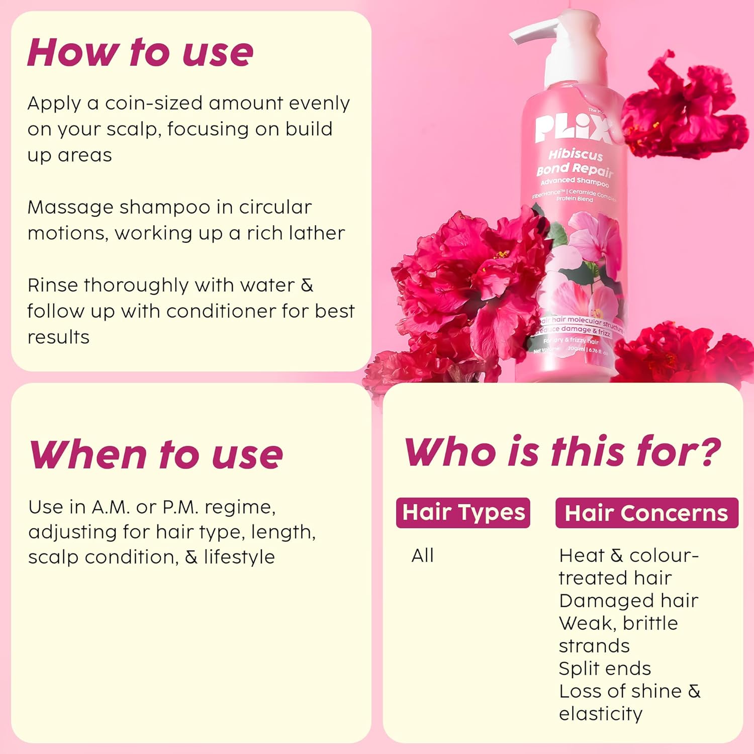 PLIX - THE PLANT FIX Hibiscus Bond Repair Advanced Shampoo for Damaged, Frizzy Hair - 200ml | Repair Hair Molecular Structure | FiberHance & Hibiscus Extract | Men & Women PLIX