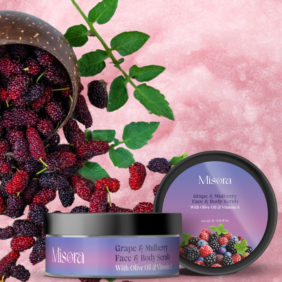 Misora Grape & Mulberry Face & Body Scrub | Natural Skincare for Glowing & Radiant Skin | Deep Cleansing, Hydrating, & Brightening Formula fo Oily, Dry & Sensitive Skin | All Skin Types | 200ml MISORA