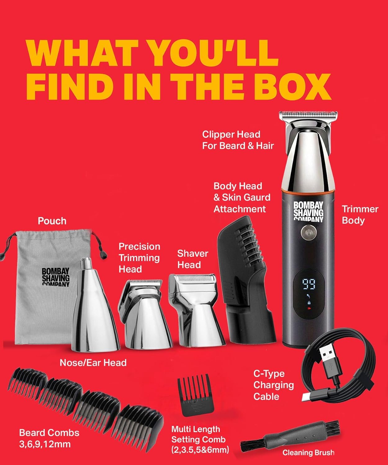 Bombay Shaving Company 11 in1 Multi Grooming Kit | All in One Full Body Trimmer for Men | 120 Min Charge time, 90 Min Runtime, Charging Indicator | IPX6 Water Proof | Nose, Ear, Beard, Body, Hair Trimmer Men Beauty Bumble