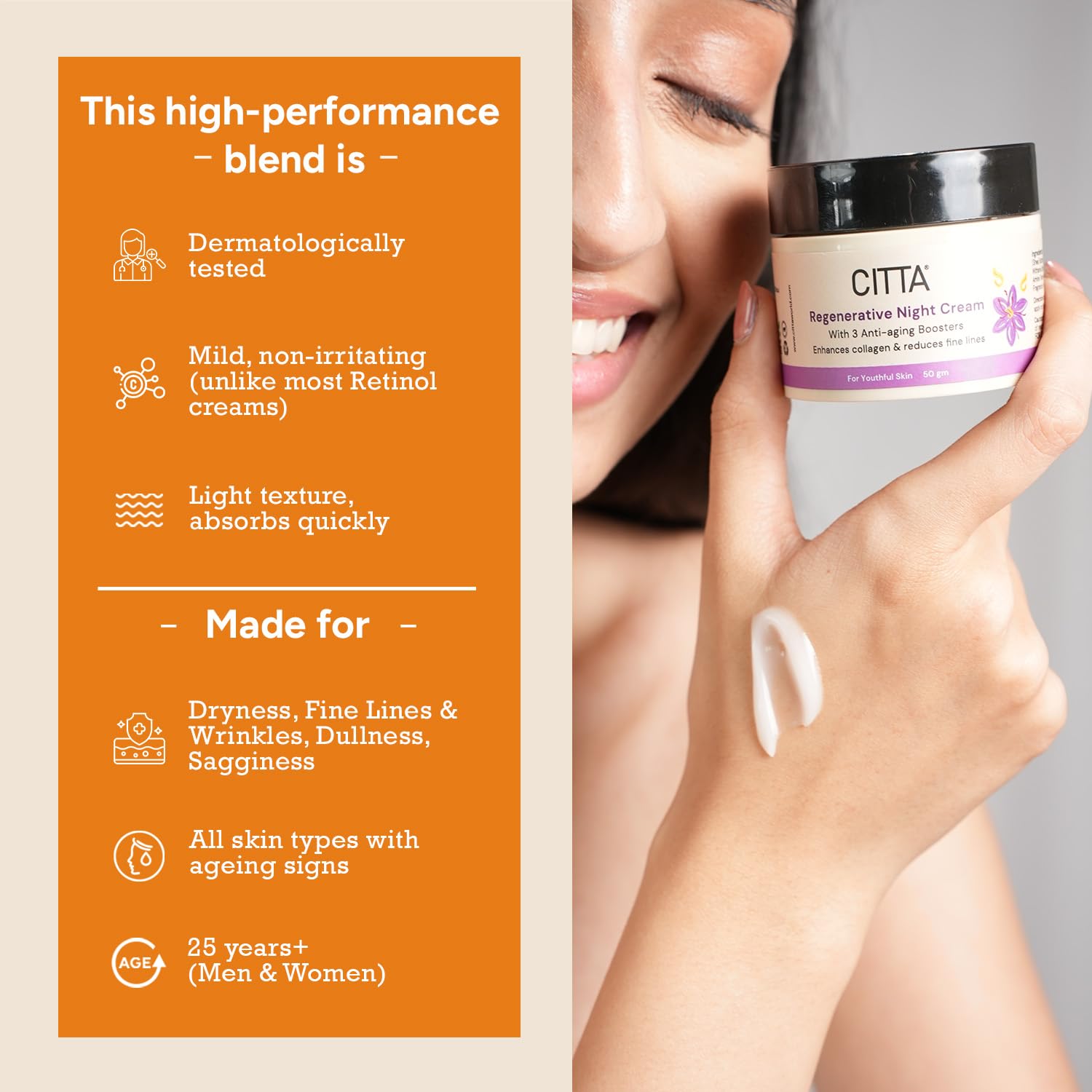 CITTA Regenerative Anti-Aging Night Cream with Retinol – Anti-Aging Cream with Kumkumadi & Ashwagandha – Boosts Collagen, Corrects Wrinkles & Fine Lines – Dermatologically Tested – For Dry, Oily & Combination Skin Types, Men & Women – 50g CITTA
