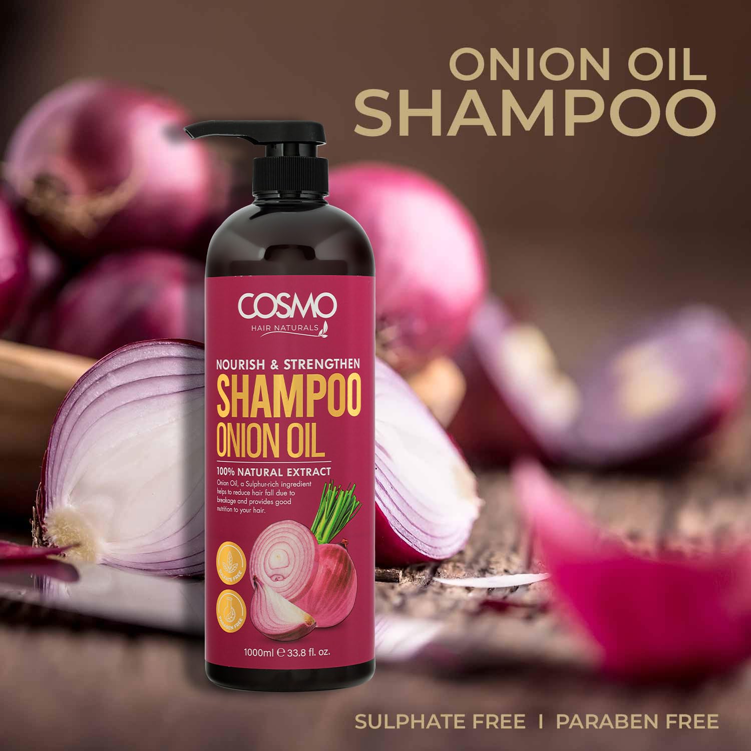 Cosmo Nourish and Strengthen Onion Oil Shampoo 1000ml, 33.8 Fl.oz, for Men & Women, Shampoos, Paraben Free, Sulfate Free, Hair Care, 100% Natural Extract, for Daily Use. cosmo