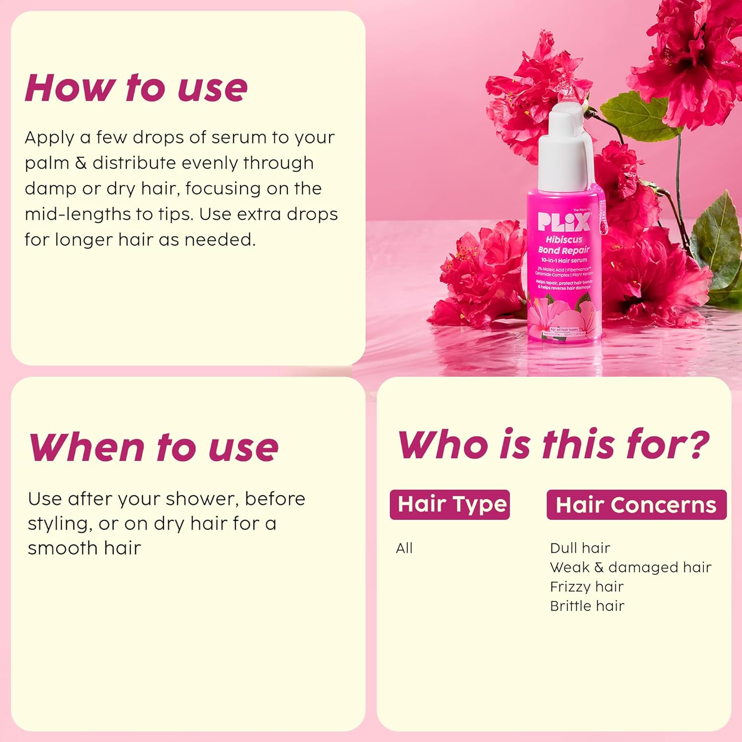 PLIX - THE PLANT FIX Hibiscus Bond Repair 10-in-1 Hair Serum | FiberHance™ | Repairs Damage Hair | Strengthens Keratin Structure | Provides 3X strengthening | 50ml PLIX