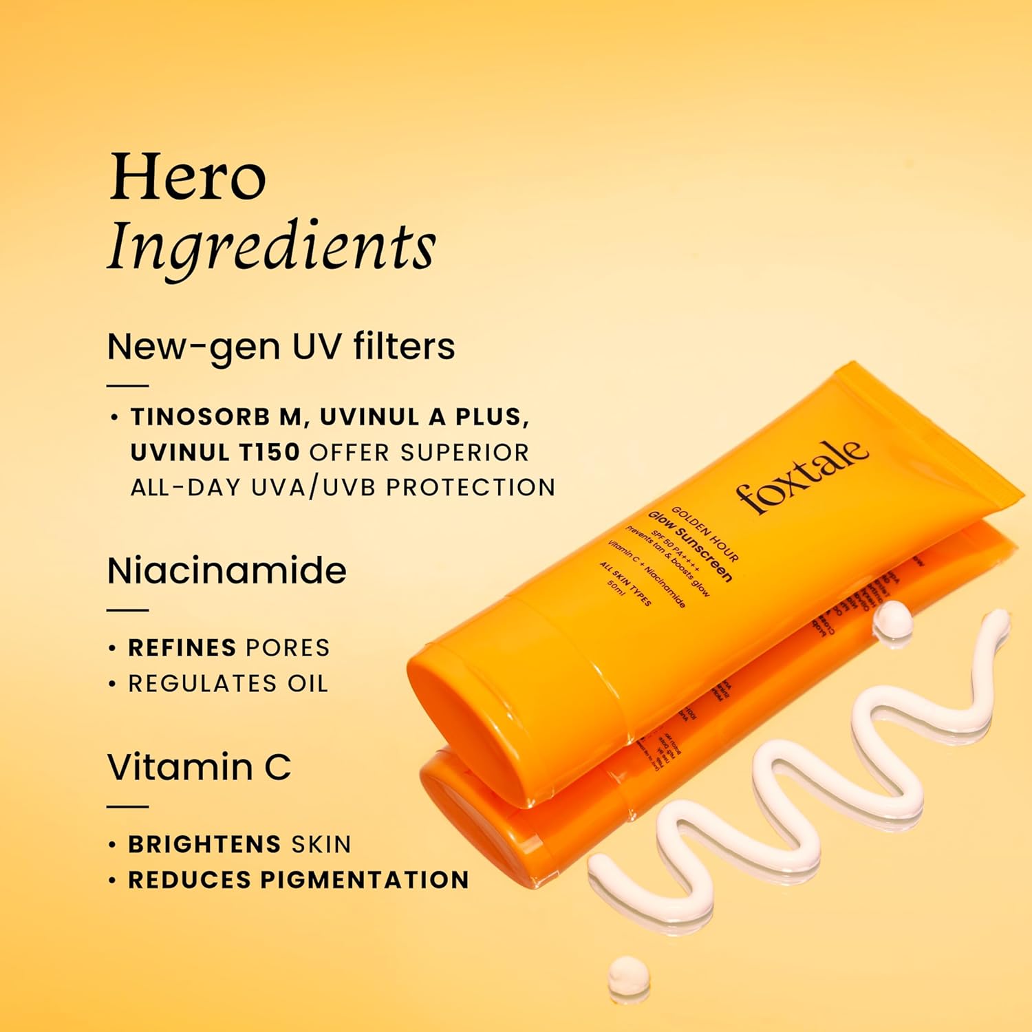 Foxtale SPF 50 Vitamin C Glow Sunscreen with PA++++ & Niacinamide | Lightweight | Fast Absorbing | UVA and UVB Filters | Prevents Tanning | No White Cast | Non-Greasy | For Men & Women | All Skin Types | 50 Ml FOXTALE