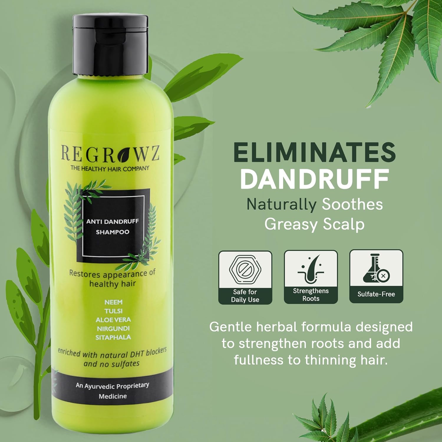 Regrowz Anti Dandruff Shampoo - 225ml, Ayurvedic Hair Cleanser With Neem, Tulsi, Aloe Vera & Natural DHT Blockers - Helps With Flakes, Soothe Itchy Scalp, Oil & Dryness - Sulfate Free, Paraben Free Beauty Bumble