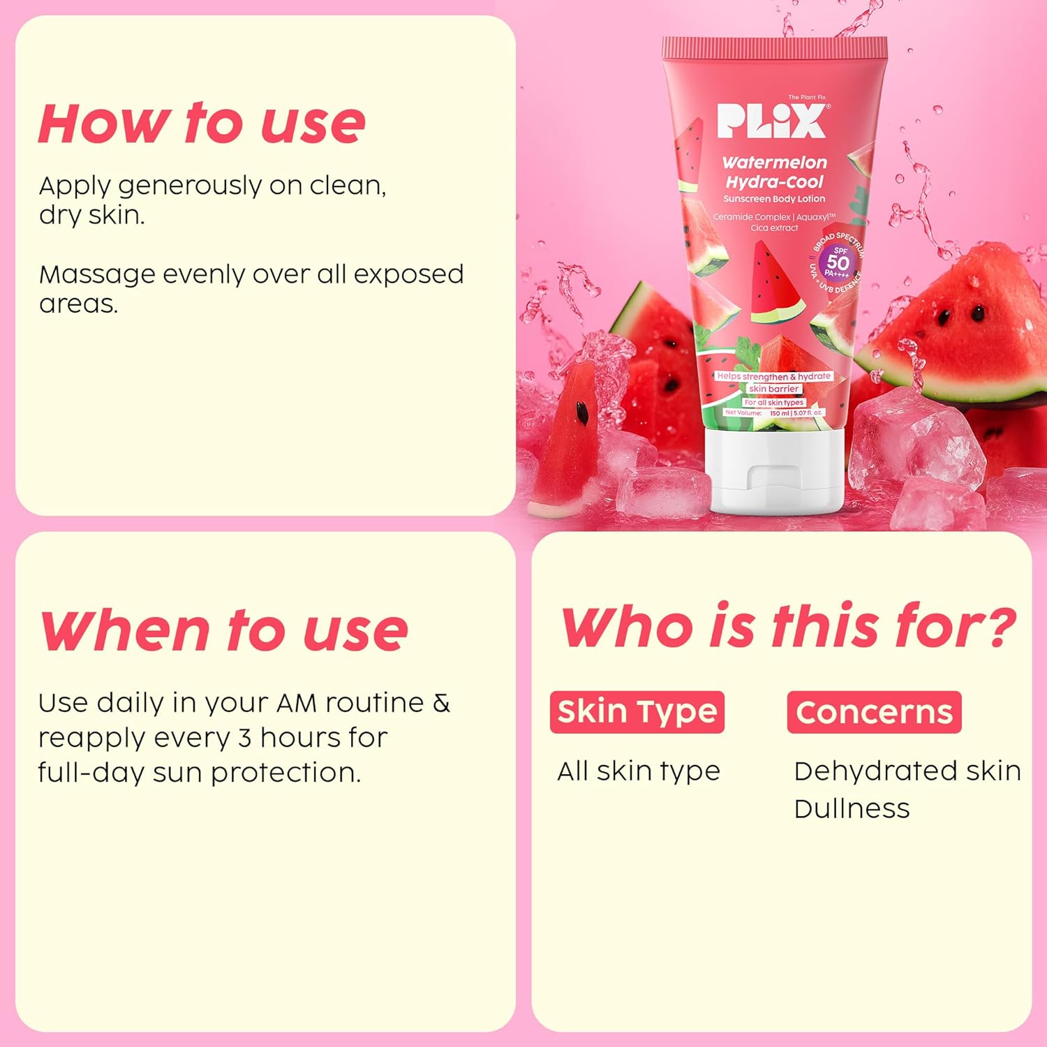 Plix Watermelon Hydra-Cool Sunscreen Body Lotion SPF 50 | PA++++ 150ml PLIX