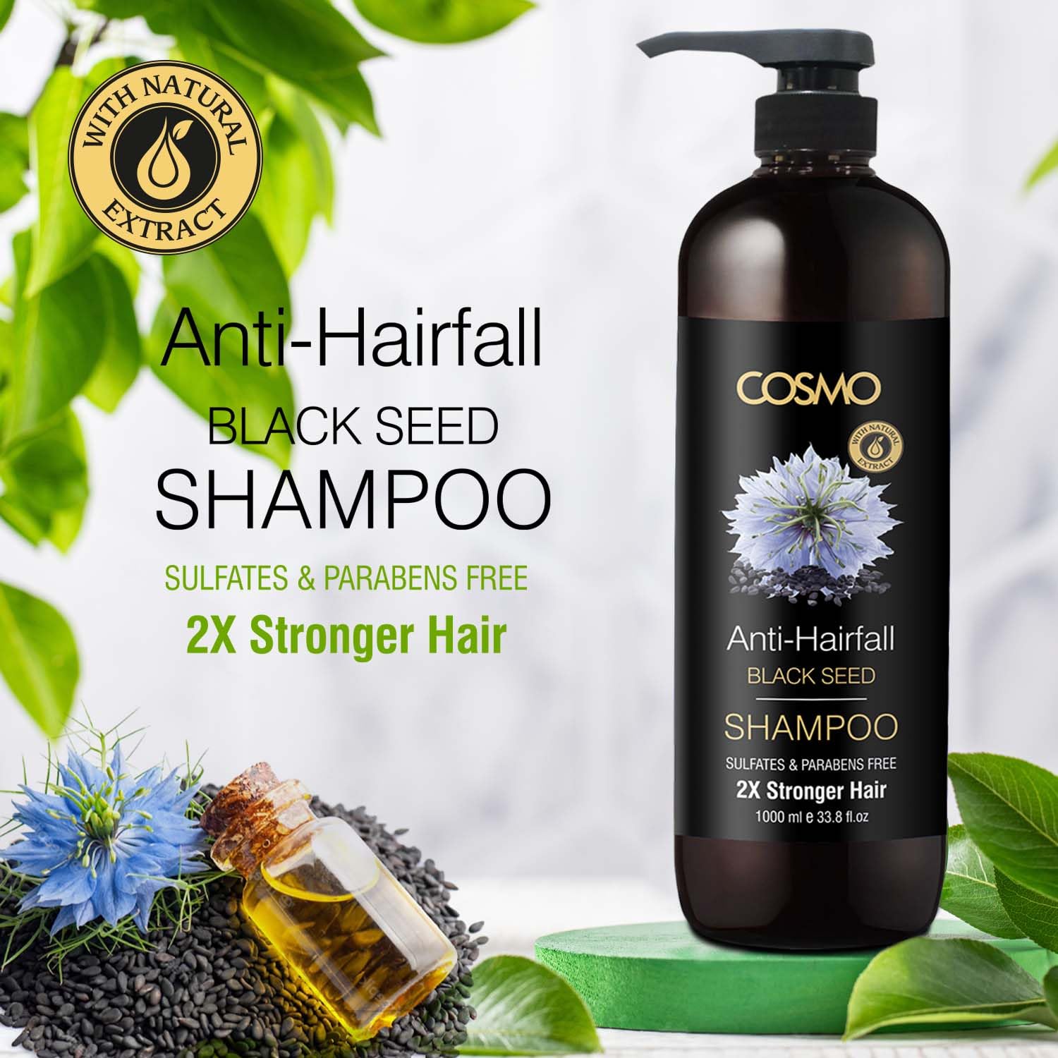 CD COSMO DESIGNS Beauty Black Seed Anti Hair Fall Shampoo 1000ml 33.8 Fl.oz for Men & Women, 2x Stronger Hairs, Shampoos, Parabens Free, Sulfates Free, Haircare, for All Hairs Type cosmo