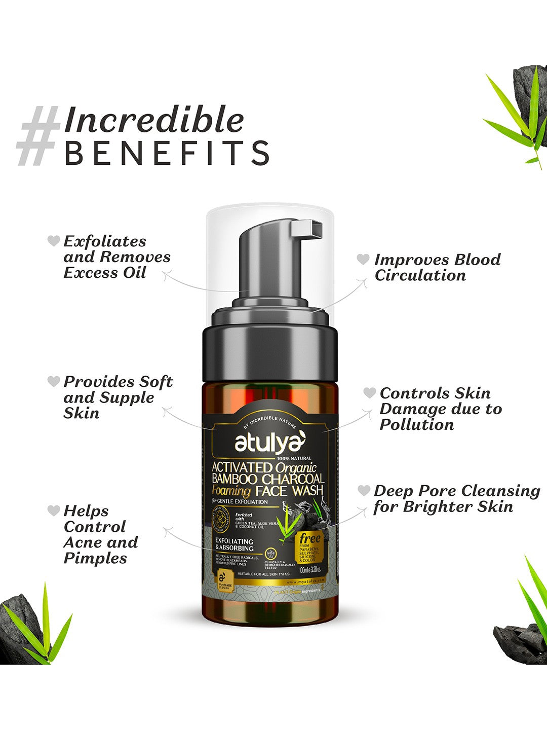 Atulya Activated Organic Bamboo Charcoal foaming Face Wash  for Gentle Exfoliation 100ML Atulya