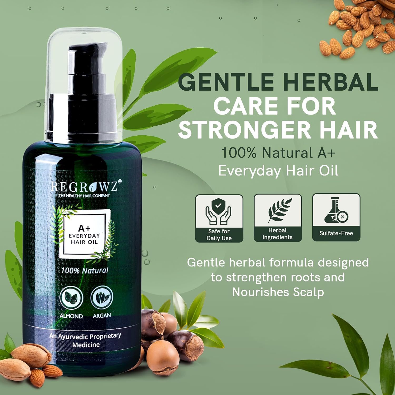 Regrowz A+ Everyday Hair Oil – Ayurvedic Daily Nourishment for Hair Fall Control, Scalp Health & Hair Texture Enhancement with Almond & Argan Oils plus 20+ Herbs – Sulfate & Paraben Free – 100 ml Beauty Bumble