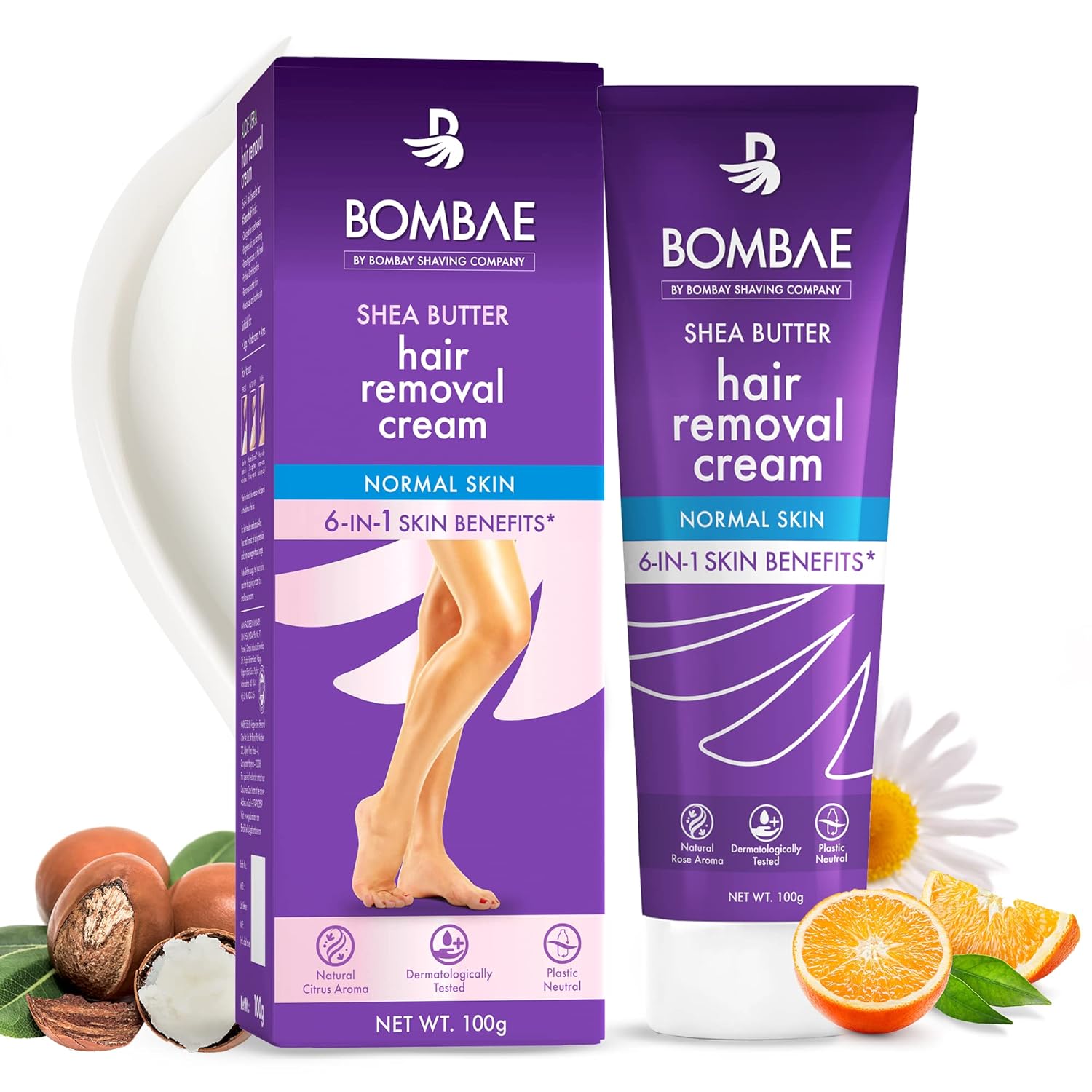 Bombae Shea Butter Hair Removal Cream For Women |(100gm) Suitable For Sensitive Skin, For Body, Legs, and Bikini Line with citrus aroma | No smell, no darkening, no drying|Intimate Hair Removal Cream BOMBAE