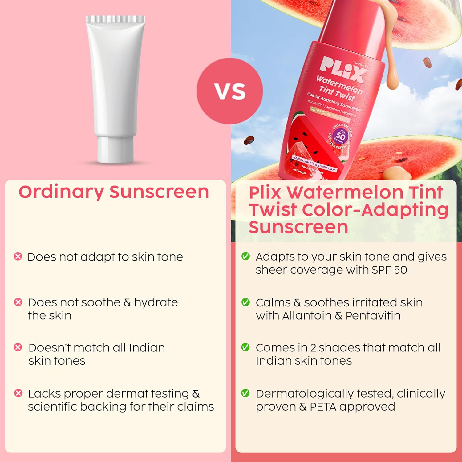 PLIX - THE PLANT FIX Watermelon Tint Twist Color-Adapting Sunscreen | For light coverage & instant glow | SPF 50 PA++++ Medium Sunlit Glow Beauty Bumble