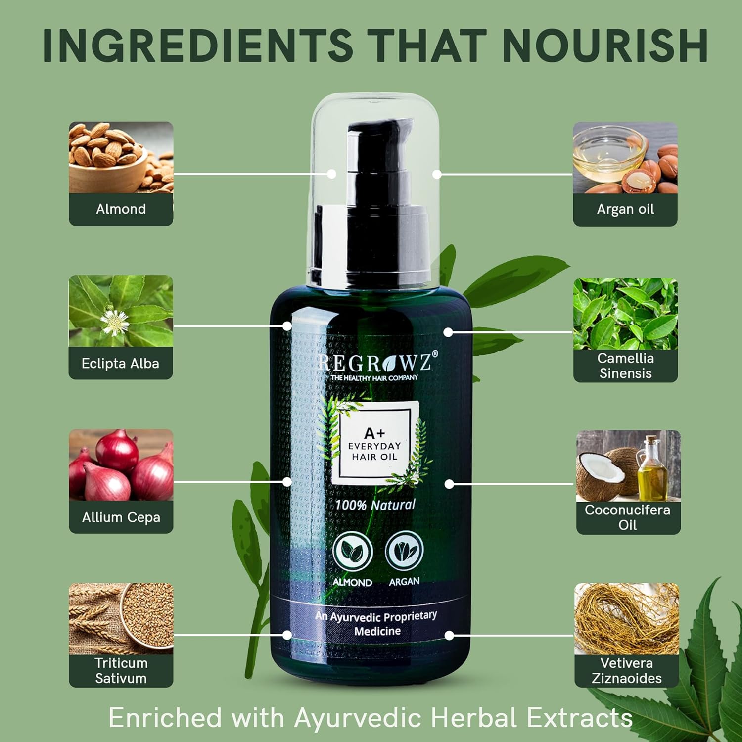 Regrowz A+ Everyday Hair Oil – Ayurvedic Daily Nourishment for Hair Fall Control, Scalp Health & Hair Texture Enhancement with Almond & Argan Oils plus 20+ Herbs – Sulfate & Paraben Free – 100 ml Beauty Bumble