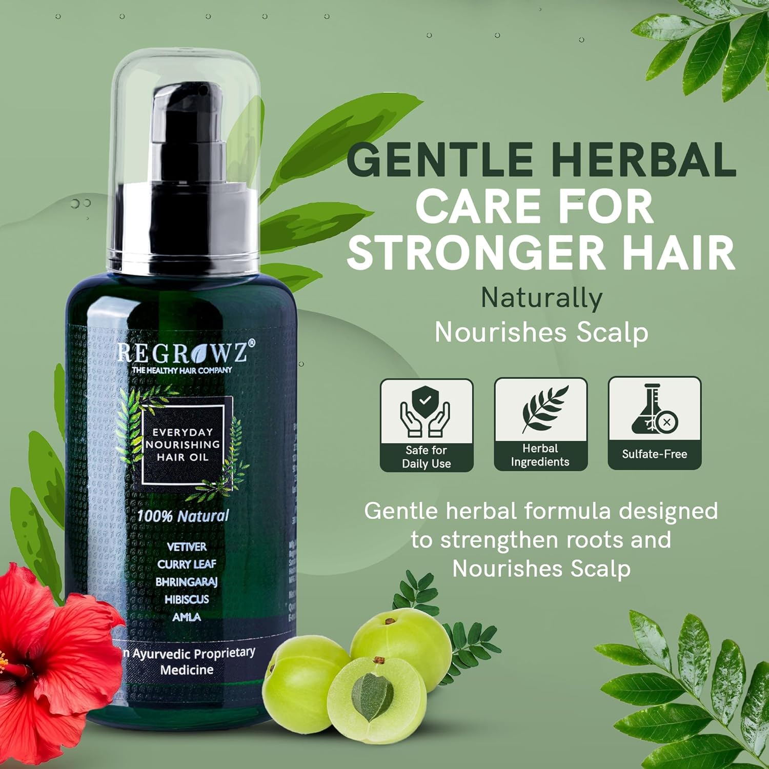 Regrowz Everyday Nourishing Hair Oil - Ayurvedic Herbal Oil For Hair Fall Control, Hair Growth & Scalp Repair With Vetiver, Hibiscus, Amla & 20 Natural Extracts - Sulfate & Paraben Free - 100ml Beauty Bumble