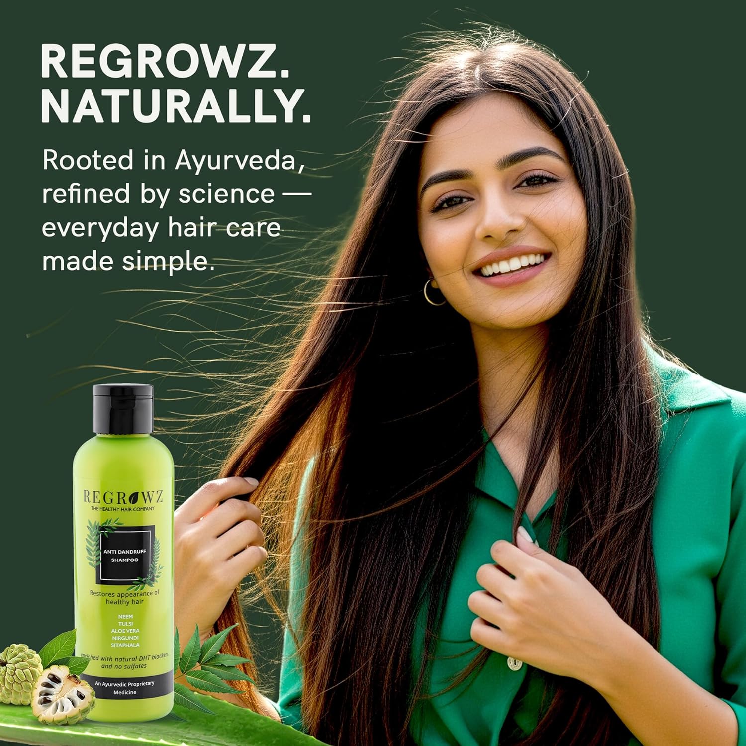 Regrowz Anti Dandruff Shampoo - 225ml, Ayurvedic Hair Cleanser With Neem, Tulsi, Aloe Vera & Natural DHT Blockers - Helps With Flakes, Soothe Itchy Scalp, Oil & Dryness - Sulfate Free, Paraben Free Beauty Bumble