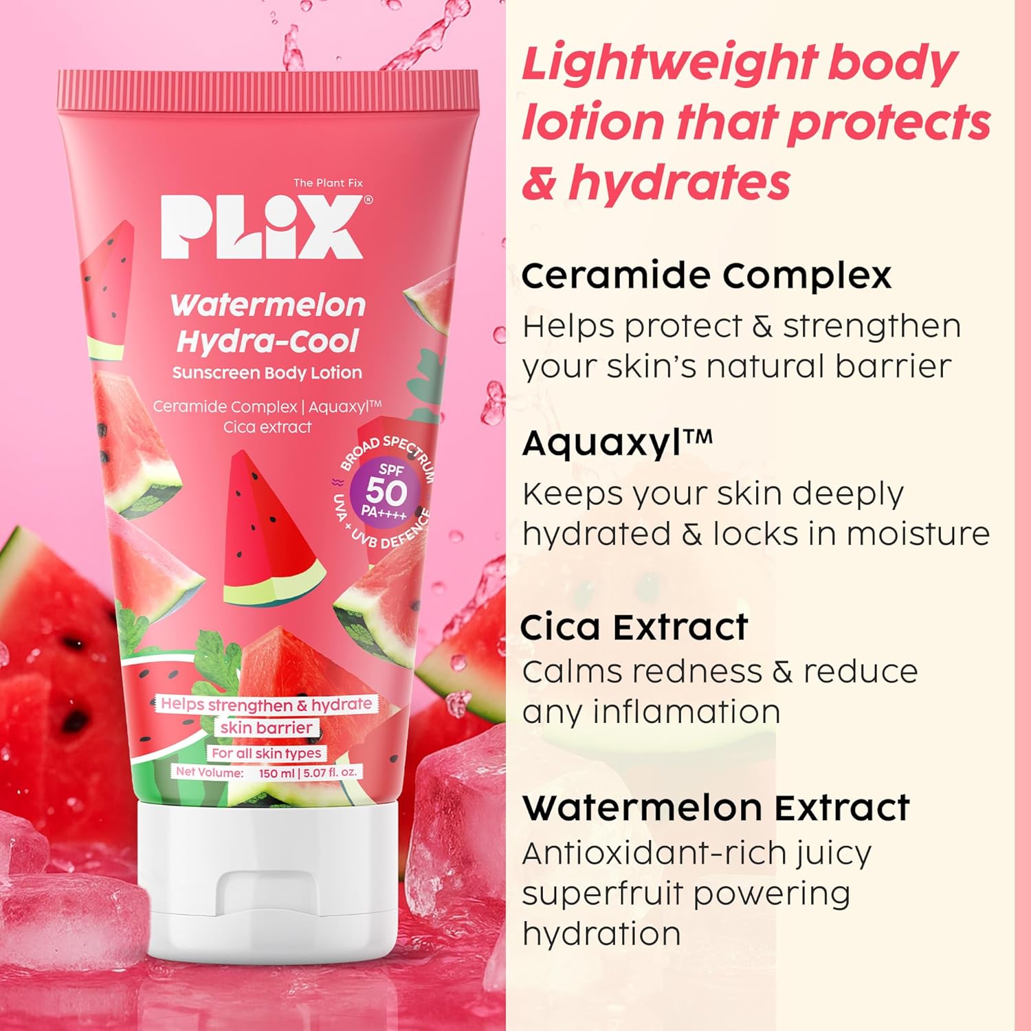 Plix Watermelon Hydra-Cool Sunscreen Body Lotion SPF 50 | PA++++ 150ml PLIX