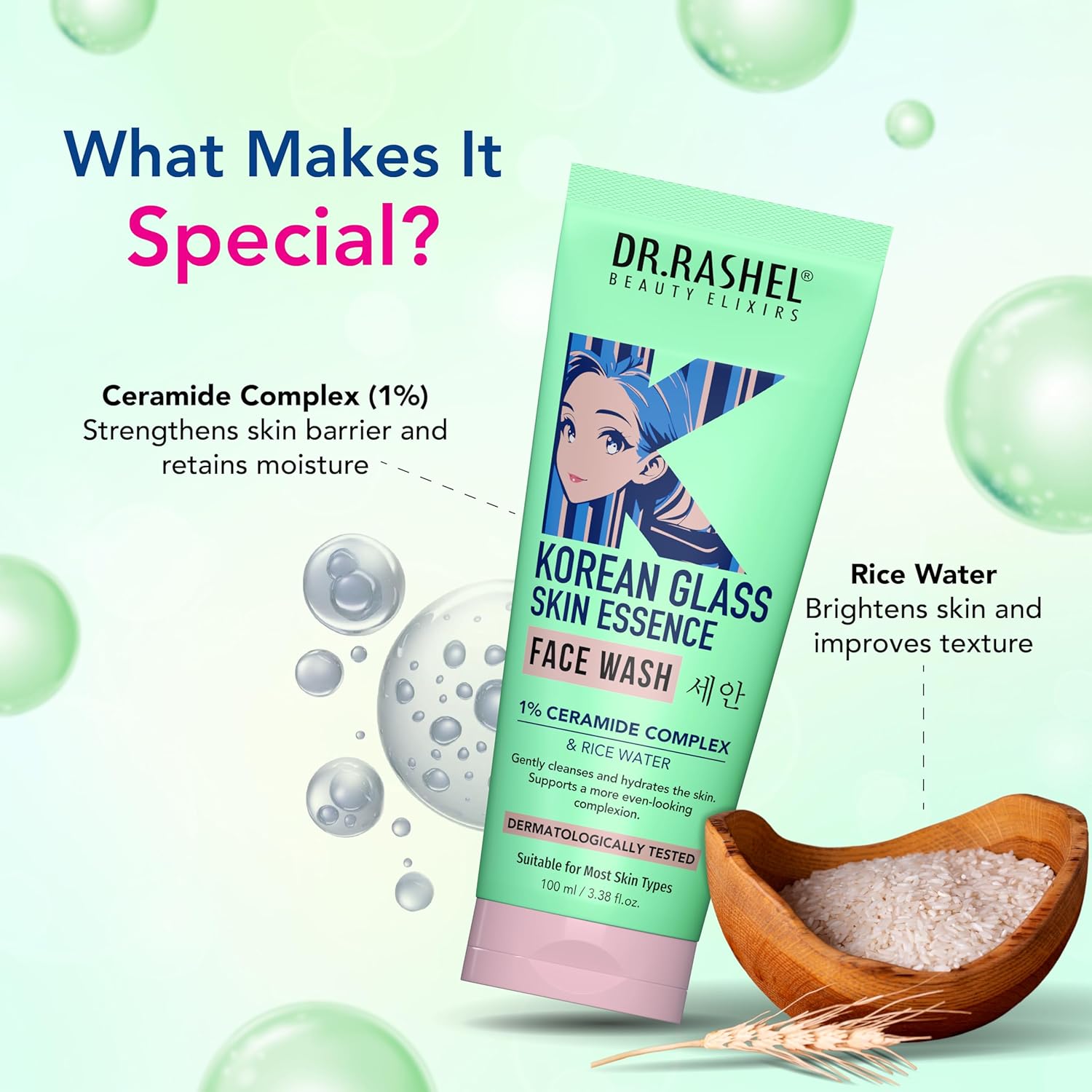 DR.RASHEL Korean Face Wash | With Rice Water & 1% Ceramide Complex | Brightening | Hydrating | Gentle Cleanser For All Skin Types | 100ml Dr. Rashel