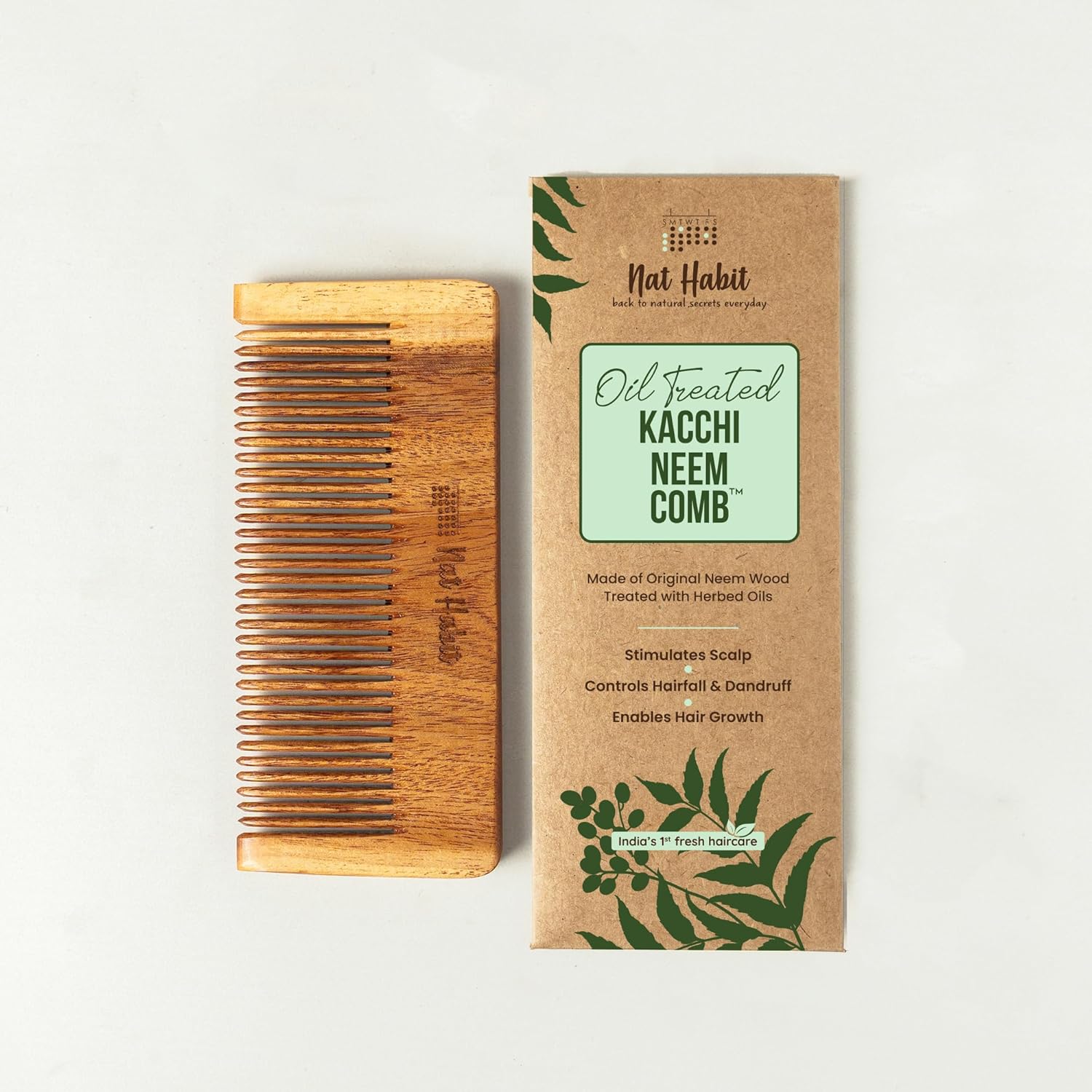 Nat Habit Kacchi Neem Wooden Comb, Soaked In 13 Herbs, Neem & Sesame Oil For Men & Women Daily Styling & Detangling (Fine Tooth Small Size) Pack of 1 NAT HABIT