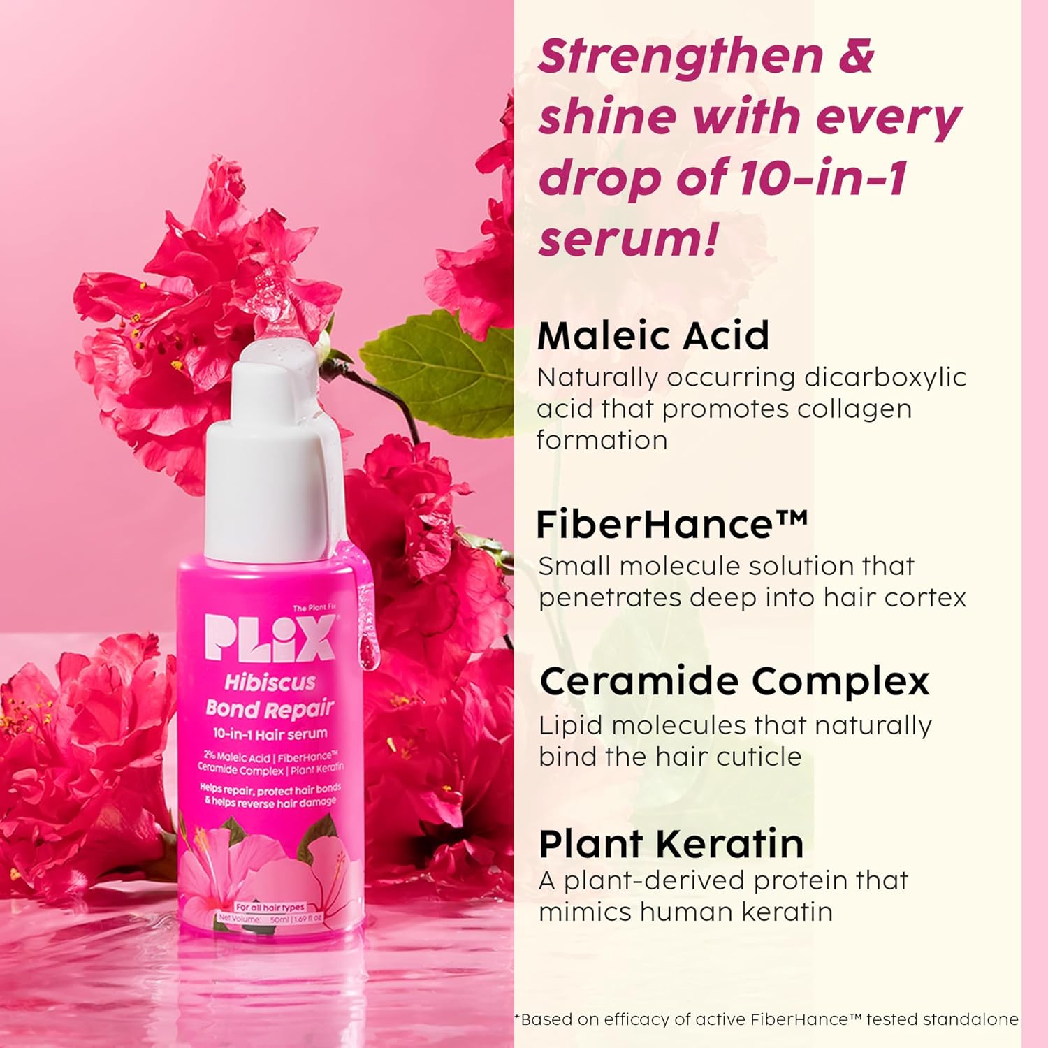 PLIX - THE PLANT FIX Hibiscus Bond Repair 10-in-1 Hair Serum | FiberHance™ | Repairs Damage Hair | Strengthens Keratin Structure | Provides 3X strengthening | 50ml PLIX