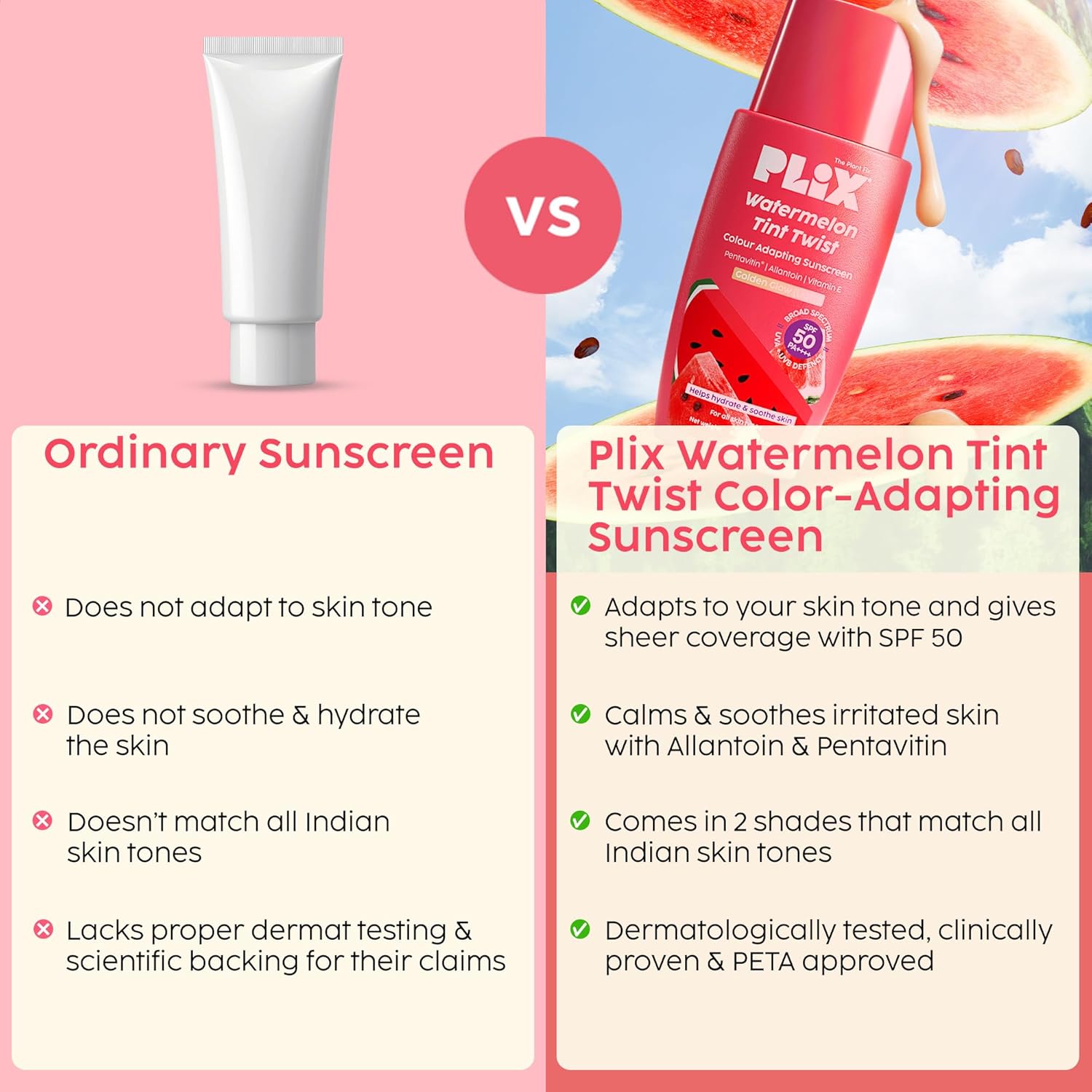 PLIX - THE PLANT FIX Watermelon Tint Twist Color-Adapting Sunscreen | For light coverage & instant glow | SPF 50 PA++++ | Pentavitin®, Suncat DE™ | Sun Damage & Tan Repair | low to medium coverage | Light Golden Glow Beauty Bumble