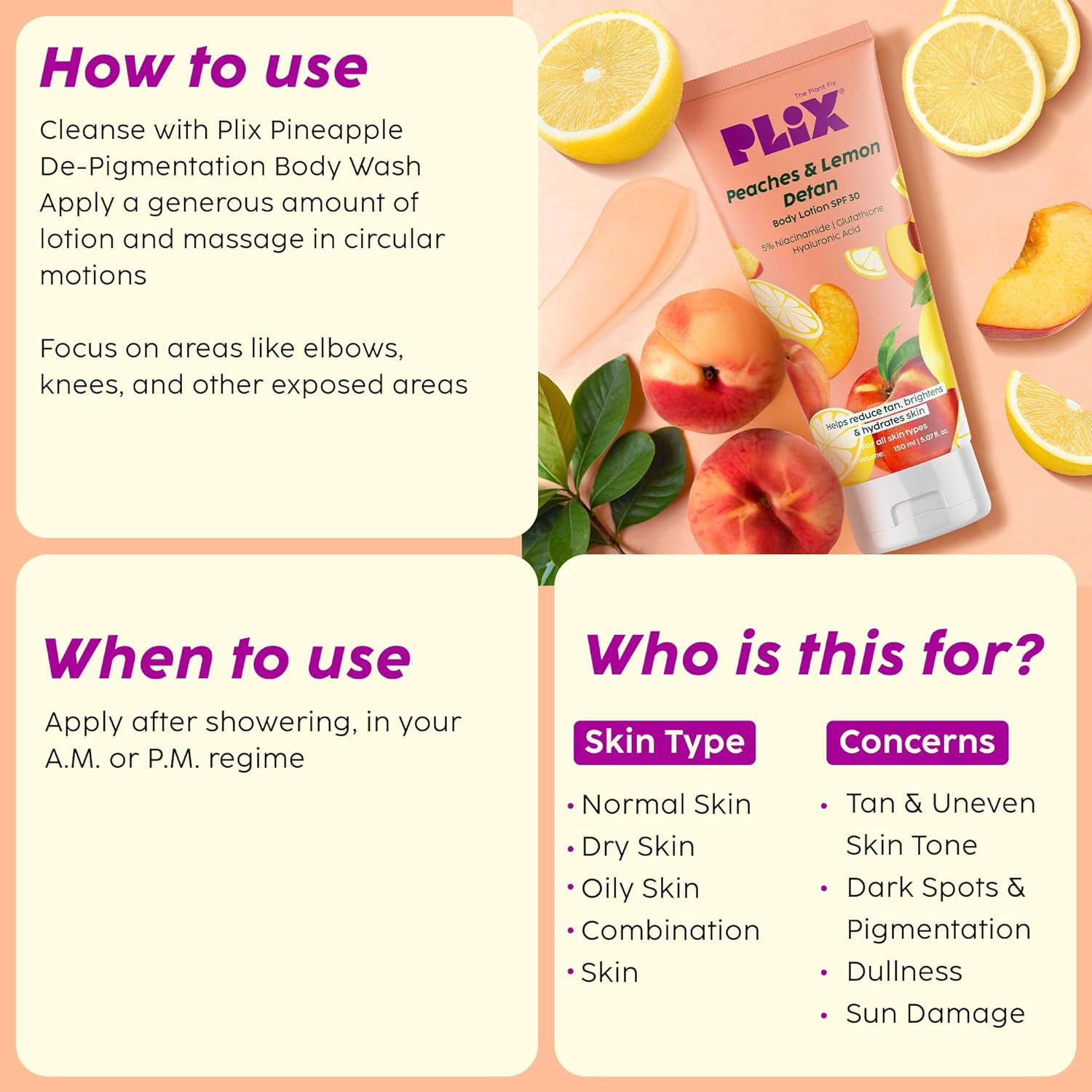Plix Peaches & Lemon Detan Body Lotion SPF 30 with 5% Niacinamide 150ml PLIX