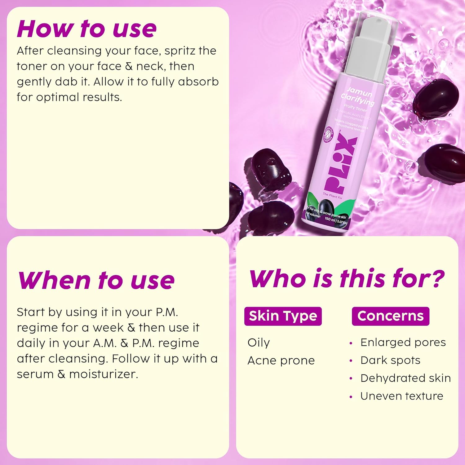 PLIX - THE PLANT FIX Jamun Clarifying Fruity Toner (150 Ml)|With Niacinamide & Jamun Extract|Targets Clogged Pores & Smoothens Skin|For Oily & Acne Prone Skin|Alcohol Free, For Women & Men PLIX