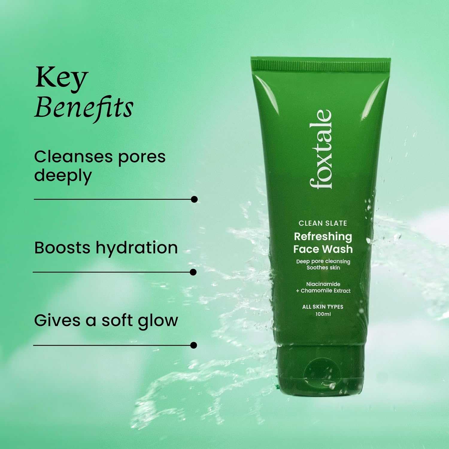 Foxtale Refreshing Face Wash for Deep Cleansing with Niacinamide, Hydrates & Brightens, Non-Drying Cleanser for Glowing Skin, Men & Women, For All Skin Types - 100 ml FOXTALE